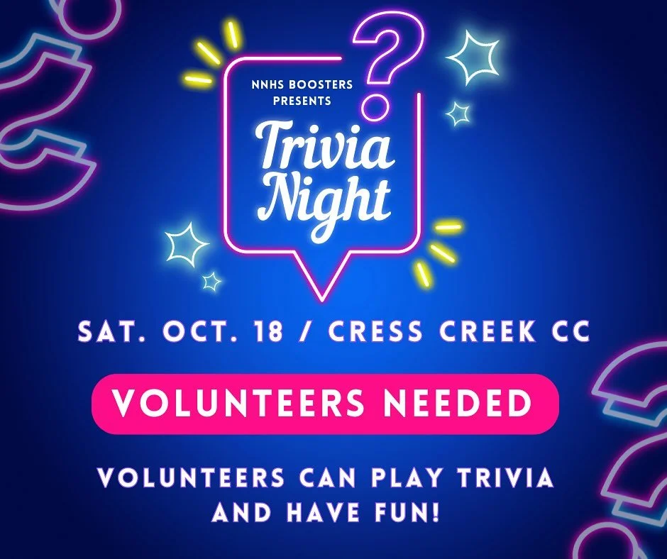 Trivia Night Volunteers Needed‼️

Trivia Night is being held on Saturday, October 18th, at Cress Creek Country Club from 7:00-11:00 p.m.

We need volunteers to assist with Registration, Raffle Sales, and General Help. We are also seeking two voluntee