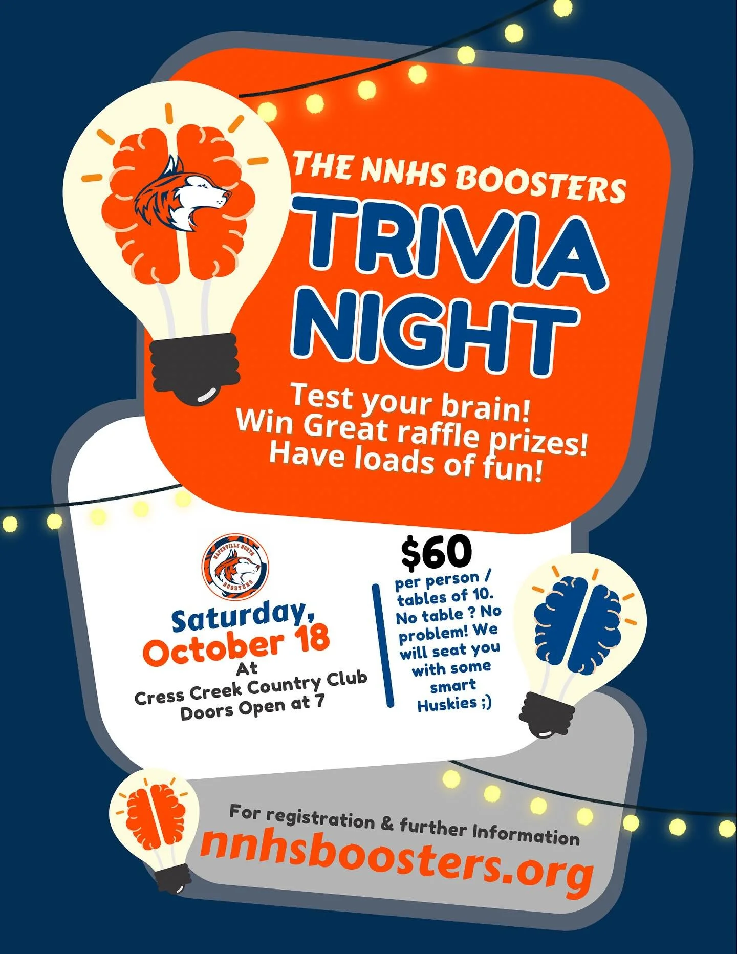 🧠✨ TRIVIA NIGHT is almost here‼️
📅 Saturday, October 18
📍 Cress Creek Country Club
🕖 Doors open 7 PM | Trivia starts 8 PM

Gather your crew, bring your brainpower, and get ready to battle it out Huskies-style&mdash;from the sidelines to the table