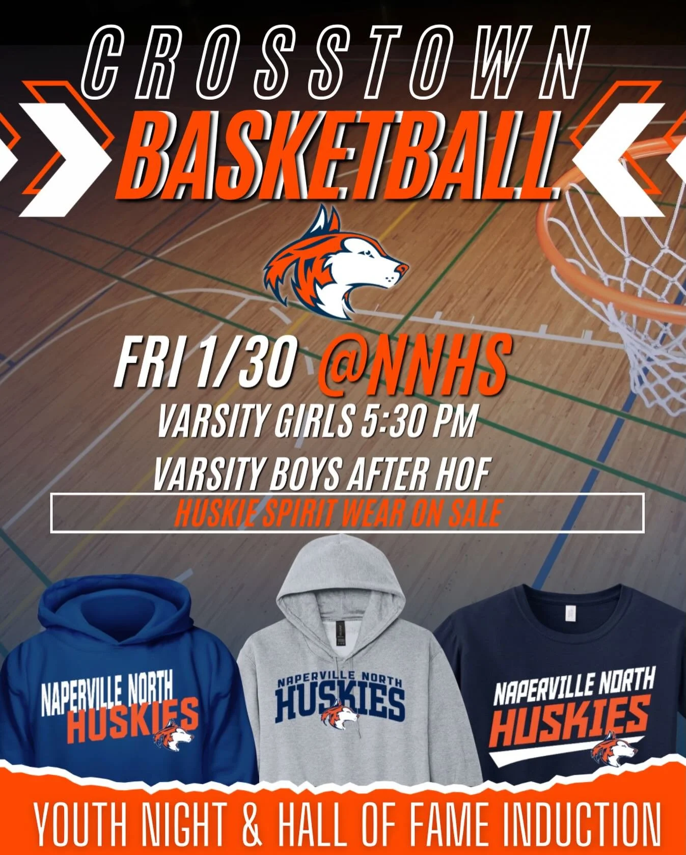 🔵🟠Crosstown Showdown at Naperville North‼️

It&rsquo;s a big basketball weekend at NNHS as our Huskies take on NCHS Redhawks. 
&nbsp;&nbsp;&nbsp;⏰ 5:30 NN Girl&rsquo;s Varsity
&nbsp;&nbsp;&nbsp;⏰ After HOF Induction NN Boy&rsquo;s Varsity
📍 Naperv