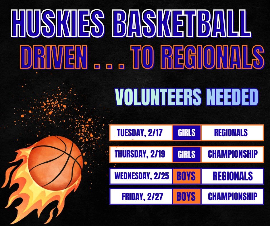 🚨Urgent Need for Volunteers 🚨 TOMORROW, 2/17 and Thursday, 2/19 🚨

Come out to support our Boys and Girls Huskies as they battle through Regionals and on to the Championship! Concessions volunteers are needed to make these events successful.&nbsp;