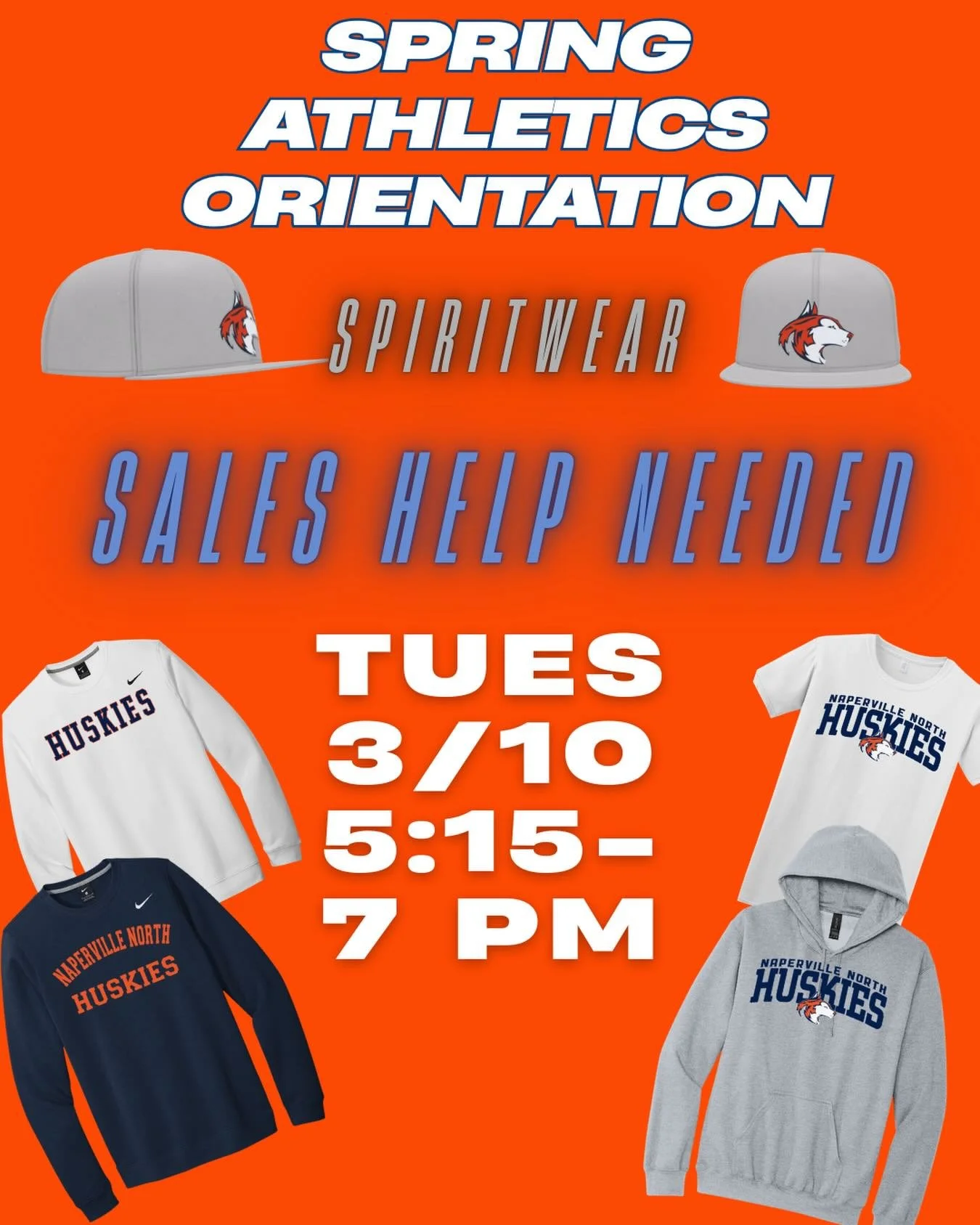 🔶🔷Spring Huskie Athletics is HERE‼️

Get fitted for the sidelines at Spring Athletics Orientation
📅 Tuesday 3/10

Stop by the Booster Spirit Wear table for the freshest Huskie looks. 

We&rsquo;re also looking for a few extra hands to help 🙌🏻 se