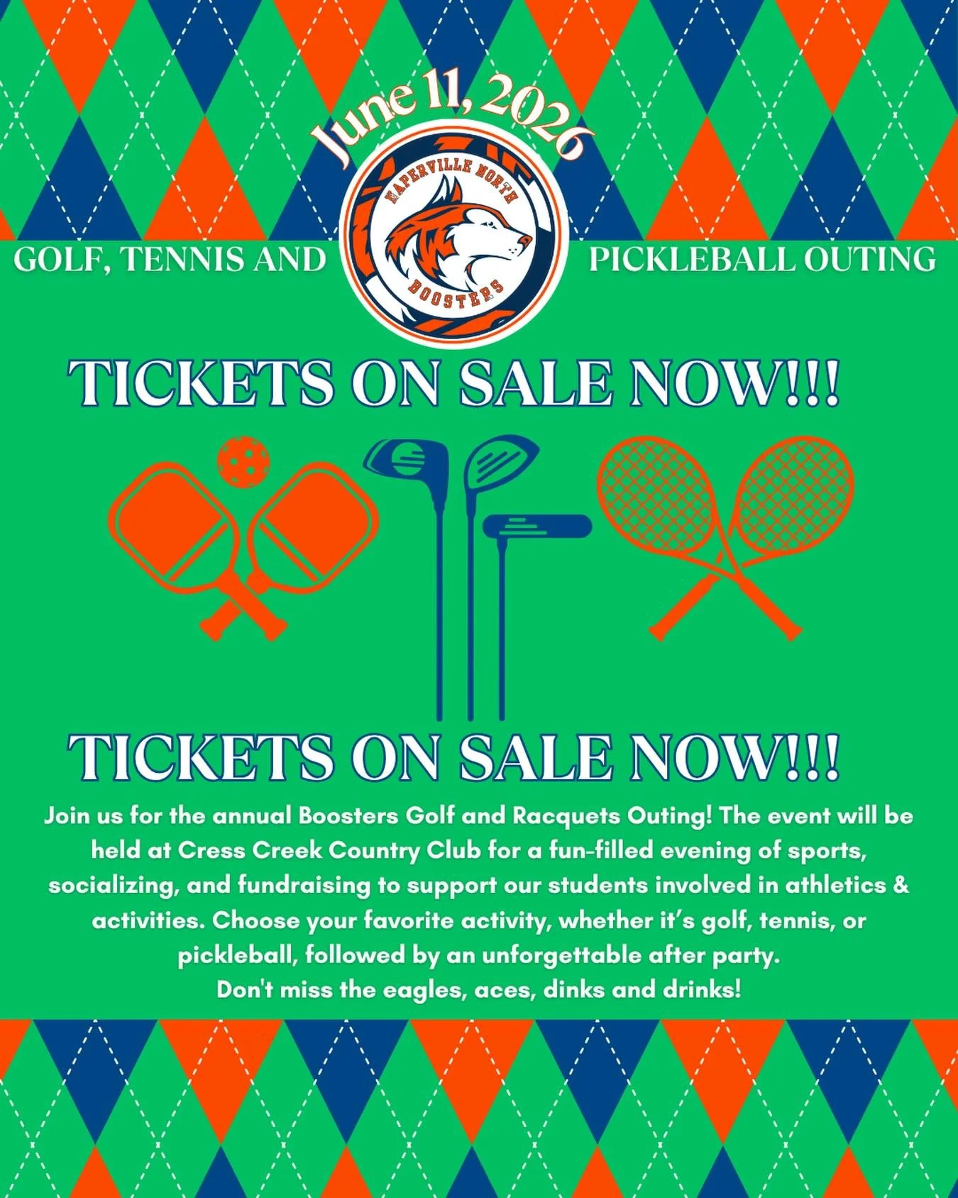 ⛳️ 🎾 🏓 Naperville North Booster&rsquo;s Club Golf, Tennis &amp; Pickleball outing tickets 🎟️ are ON SALE NOW‼️

Join us for our Annual Golf, Tennis &amp; Pickleball Outing &mdash; the FINAL fundraiser of the 2025-2026 school year! You won&rsquo;t 