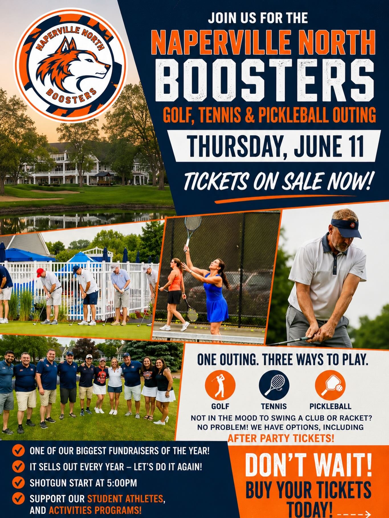 🏌️&zwj;♂️🎾🏓 ONE outing. THREE ways to play.

Join us Thursday, June 11 at Cress Creek Country Club for one of the BIGGEST Naperville North Boosters fundraisers of the year‼️

Whether you&rsquo;re hitting the golf course, the tennis courts, the pic