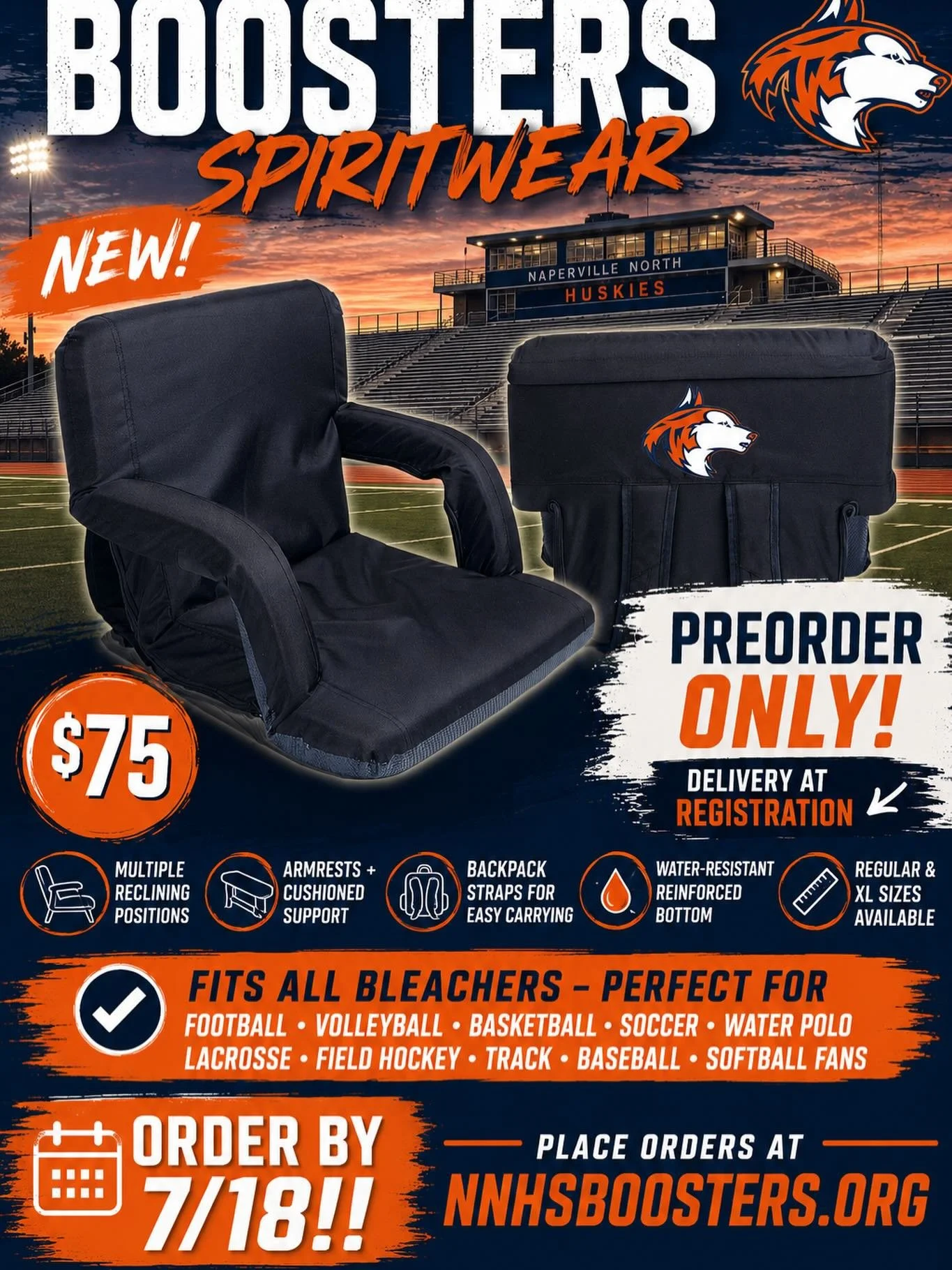 🆕🔹🔸BOOSTERS SPIRITWEAR ALERT🔹🔸🆕

Upgrade your game day setup with the NEW Portable Reclining Stadium Seat featuring the Huskie logo! Lightweight, padded, comfortable, and designed to fit ALL bleachers. This makes it perfect for ALL Huskies fans