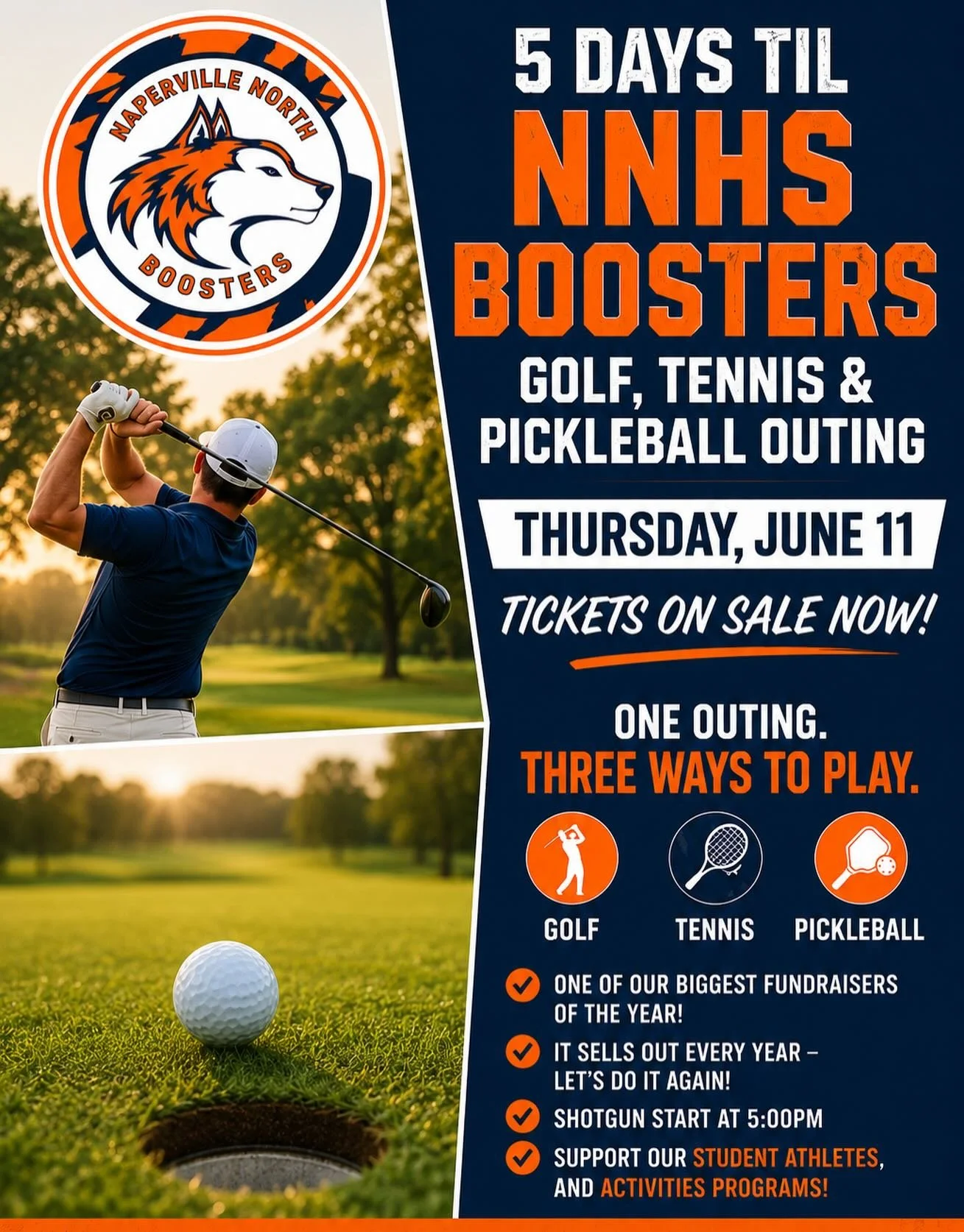 5️⃣ DAYS! 1️⃣ OUTING. 3️⃣ WAYS TO PLAY.

🎾 Tennis
⛳ Golf
🏓 Pickleball
🪩 After 🎉 
✔ One of our biggest fundraisers of the year
✔ It sells out every year
✔ Shotgun Start at 5:00 PM
✔ Support our student-athletes &amp; activities programs

DON&rsquo