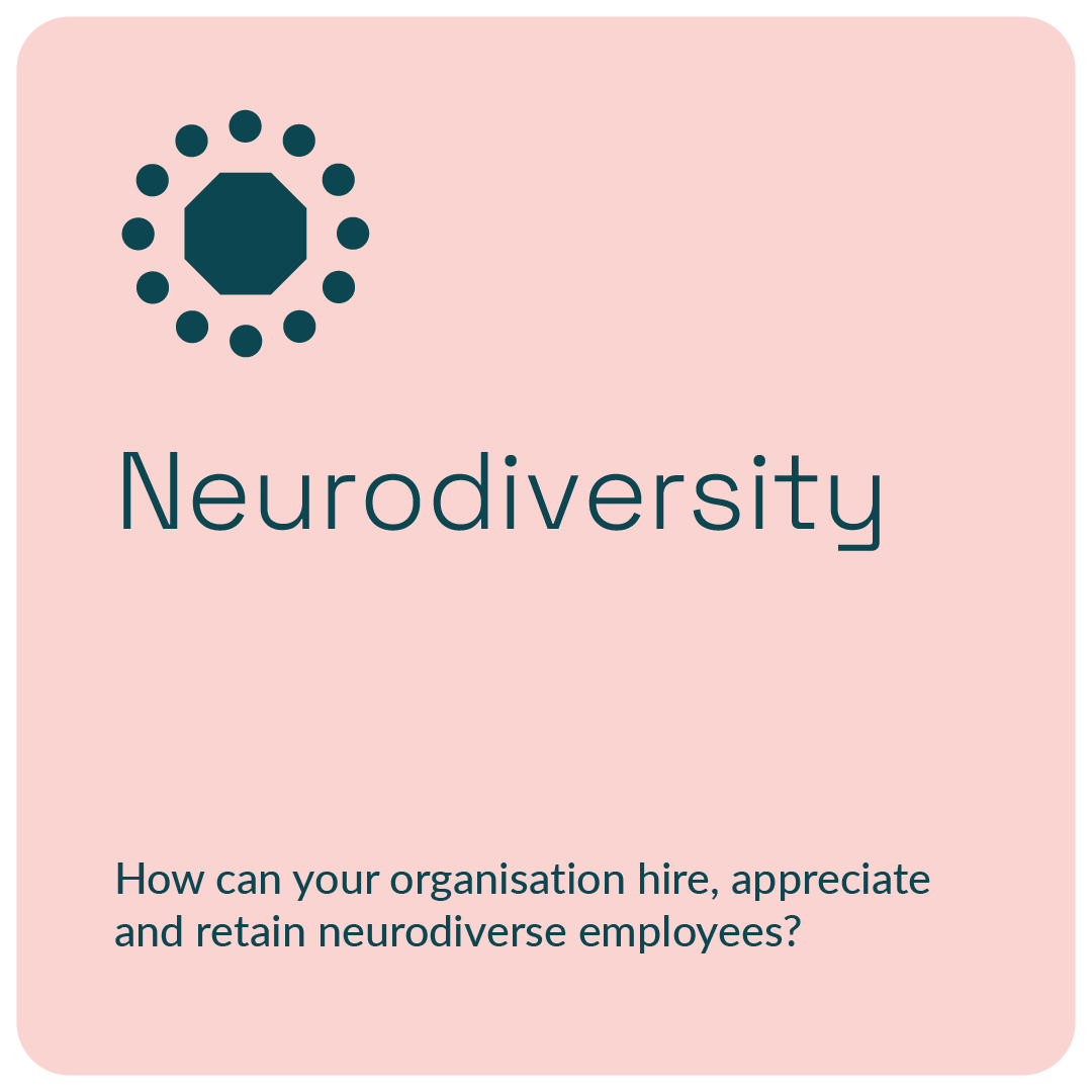 Graphic with text on neurodiversity. It features a circular symbol with a central hexagon and dots around it. The text reads: 'Neurodiversity.' Below, it says: 'How can your organisation hire, appreciate and retain neurodiverse employees?' The background is light pink.
