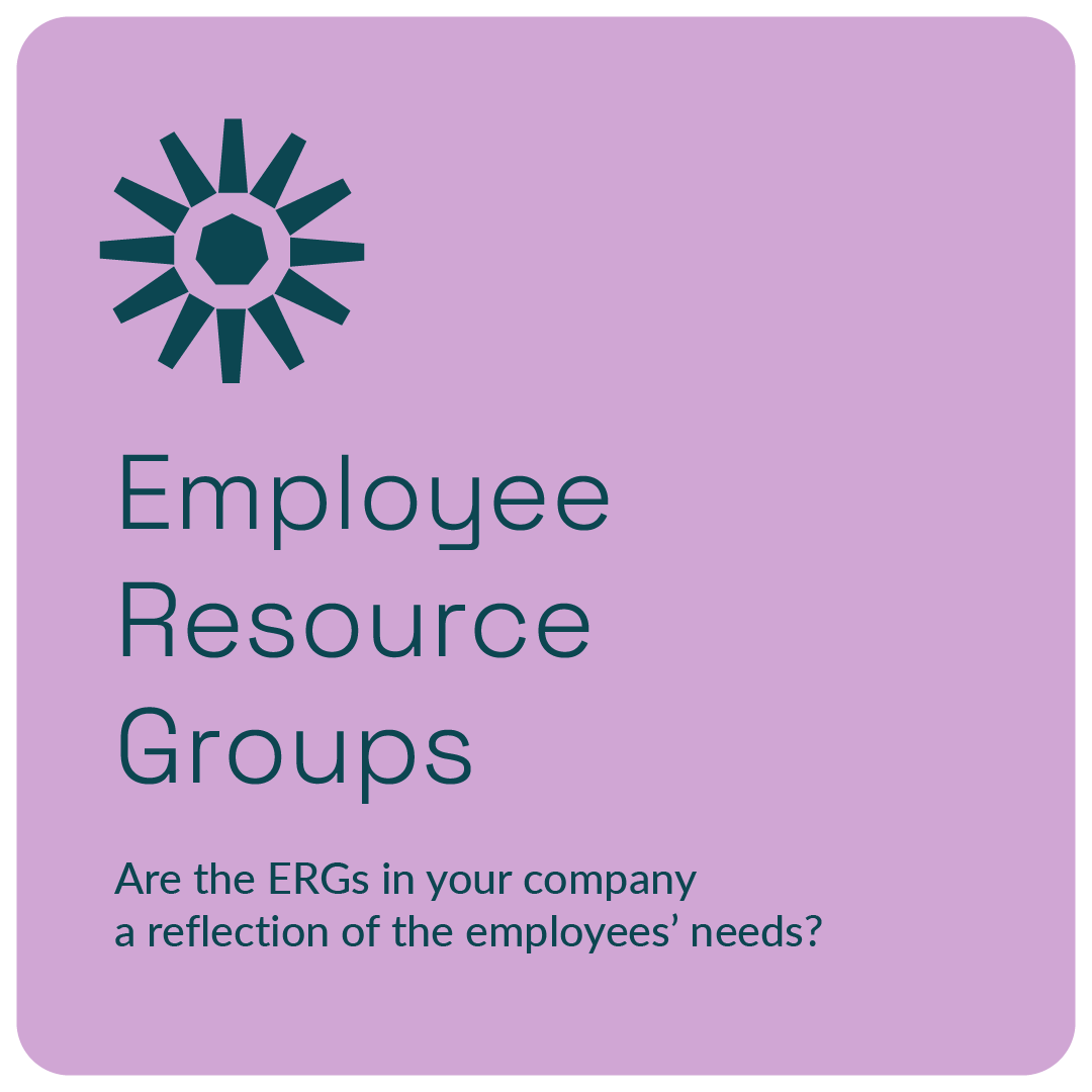 Symbol and text about Employee Resource Groups questioning if they reflect employees' needs, on a purple background.