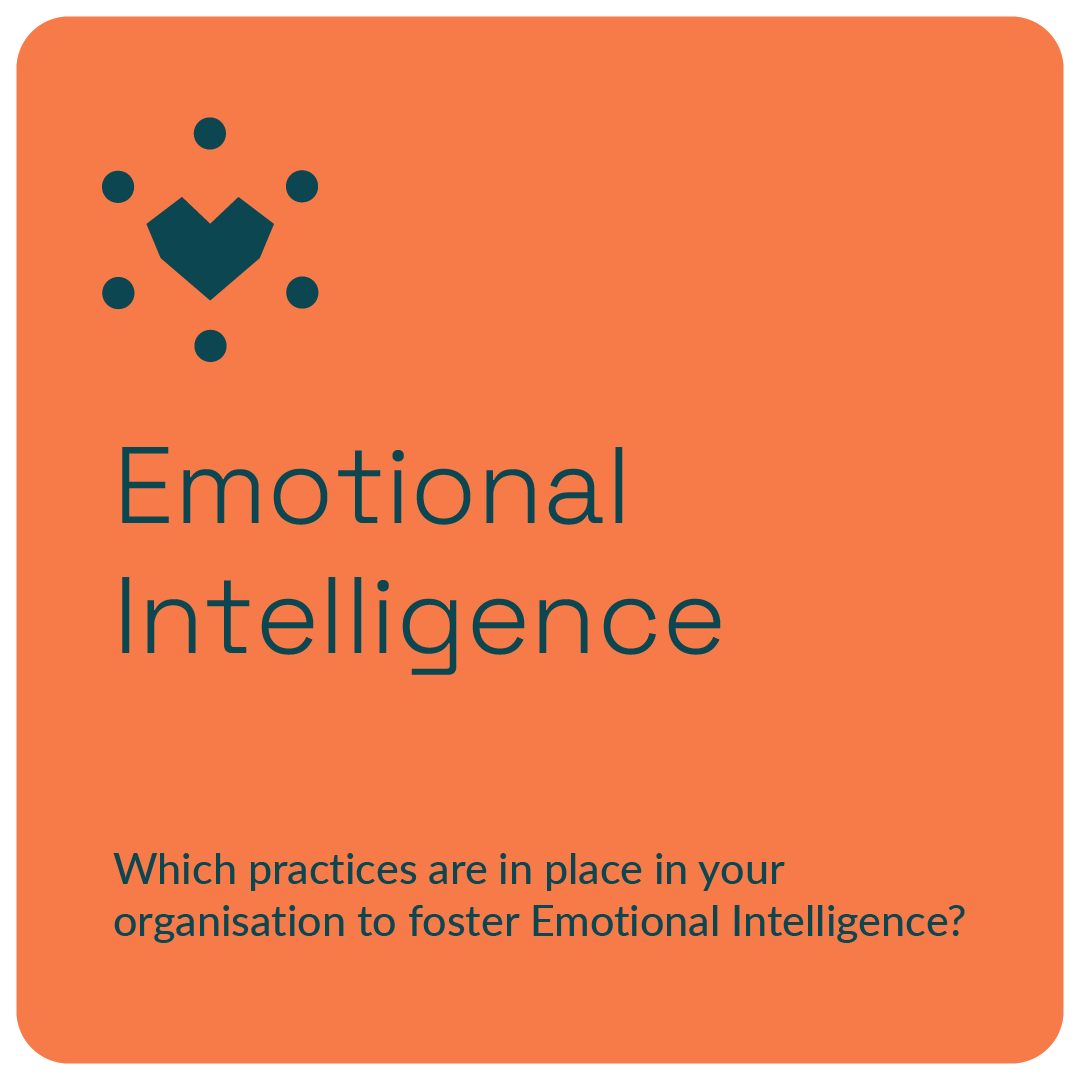 Orange graphic with a heart surrounded by dots, featuring the text 'Emotional Intelligence' and a question about practices to foster emotional intelligence in organizations.