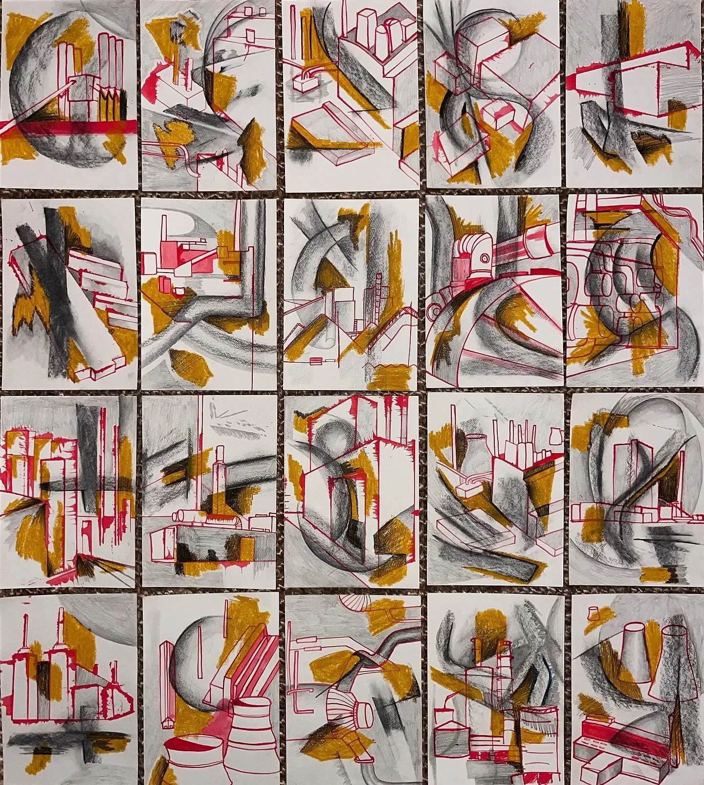 Pencil, charcoal, red ink + bamboo pen, oil pastels - fun little exercise of picking a medium/subject/form for each layer (3 total)