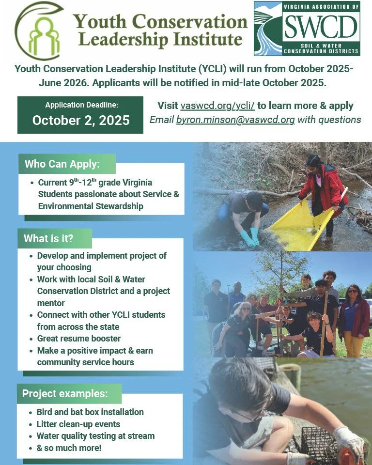 🌿 LAST CHANCE! 🌿
Applications for the Youth Conservation Leadership Institute (YCLI) with the Virginia Association of Soil & Water Conservation Districts close TOMORROW!
📌 YCLI is a unique program for high school students interested in conser
