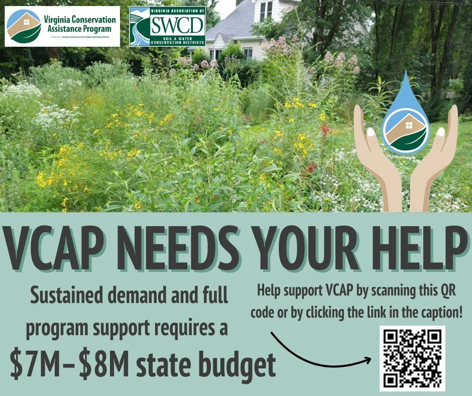 🌿 Calling all conservation lovers! 🌿

Help ensure the continuation of the Virginia Conservation Assistance Program (VCAP)&mdash;a program that has supported landowners for over a decade by addressing standing water, drainage issues, and erosion acr