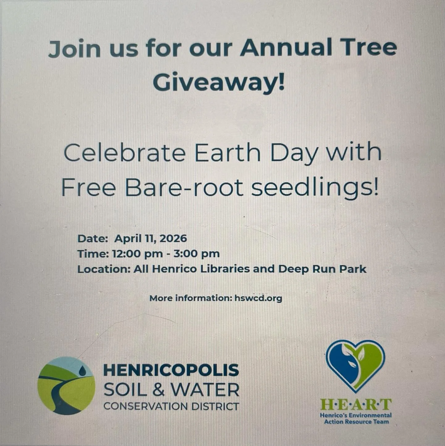 Join us for our annual Tree Seedling Giveaway! Pick up your free, bare-root saplings from one of the 9 libraries in the county, or Deep Run Park. Join us in celebrating Earth Day! For more information, look on the main page of our website: www.hswcd.