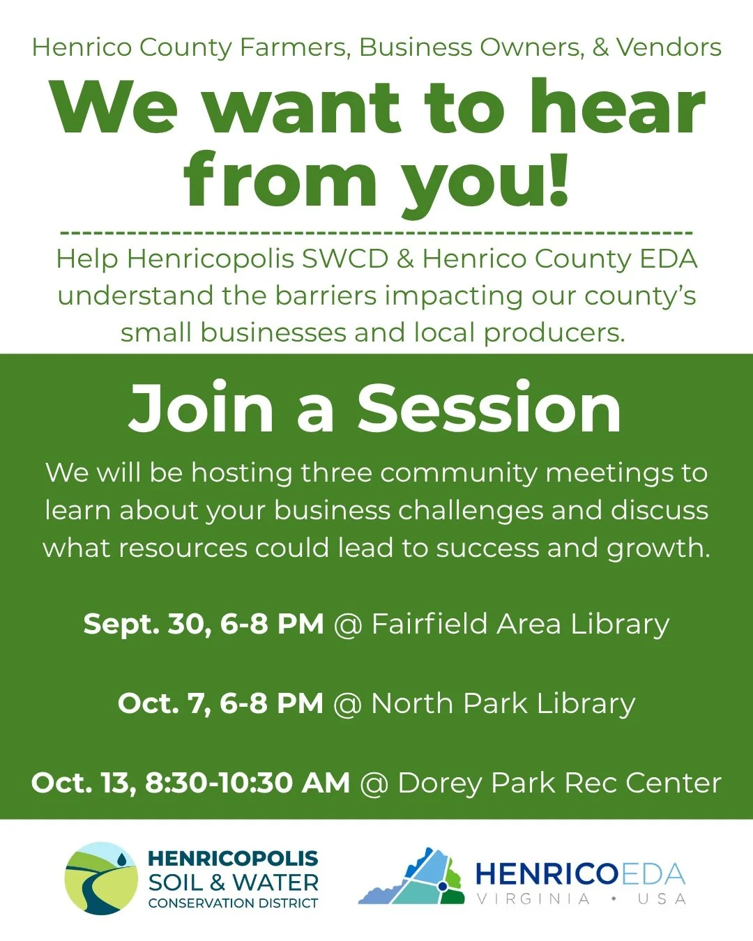 We still have a few spots left for our meetings, starting this Wednesday!

We're looking for Henrico County business owners, vendors, and farmers to join a conversation about the challenges and barriers impacting their operations.

Want to make your 
