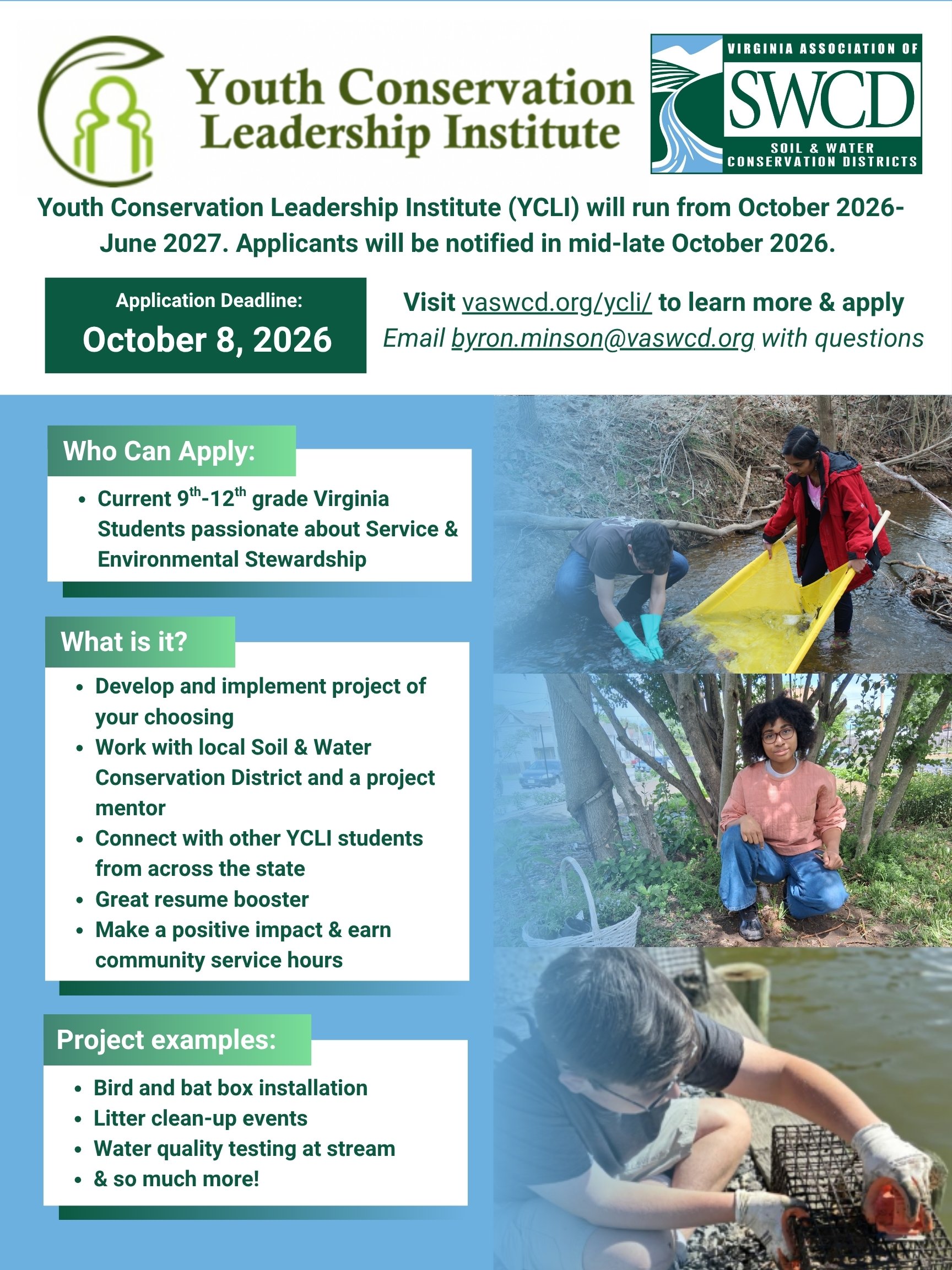 Youth Conservation Leadership Institute applications are due next week (10/8)!

YCLI is a recognition program that offers self-motivated and enthusiastic high school students interested in environmental conservation and stewardship an opportunity to 