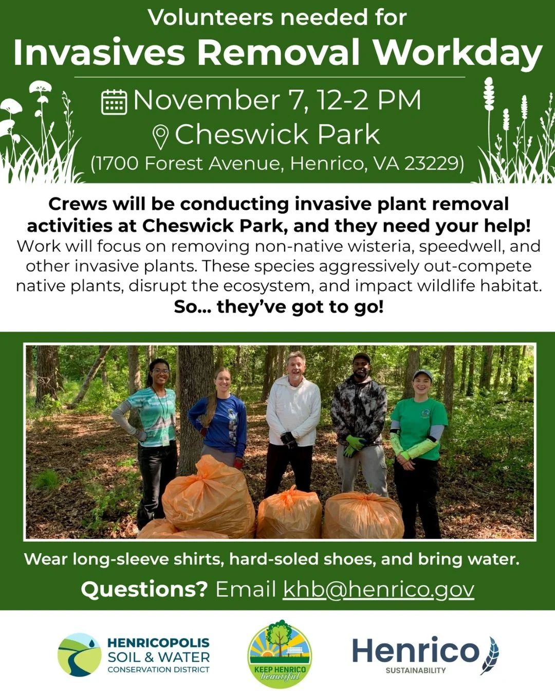Get outside and help improve our parks 🥾

Invasive species damage our native ecosystem and impact our land and water. It's up to us to do something about it!

On Saturday, November 7th, from 12-2 PM, we will be at Cheswick Park removing invasive pla