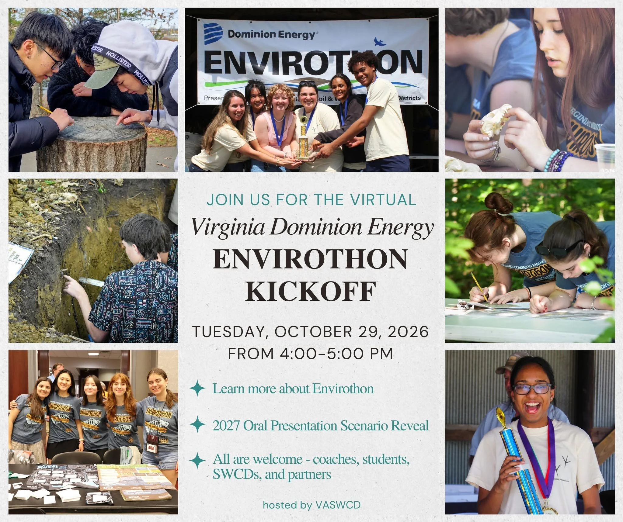 Reminder: You're invited! Join @va_swcd on Zoom this Thursday, October 29th 4:00-5:00 PM to kickoff the start of the 2026-2027 Virginia Dominion Energy Envirothon Program year.

Information on the Envirothon Program will be shared along with the unve