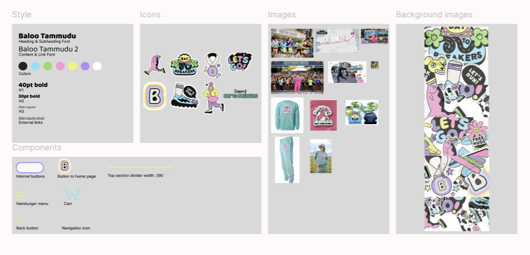 A website design layout with branding elements, icons, images, and background graphics related to a fun or children's theme, featuring colorful illustrations and playful text.