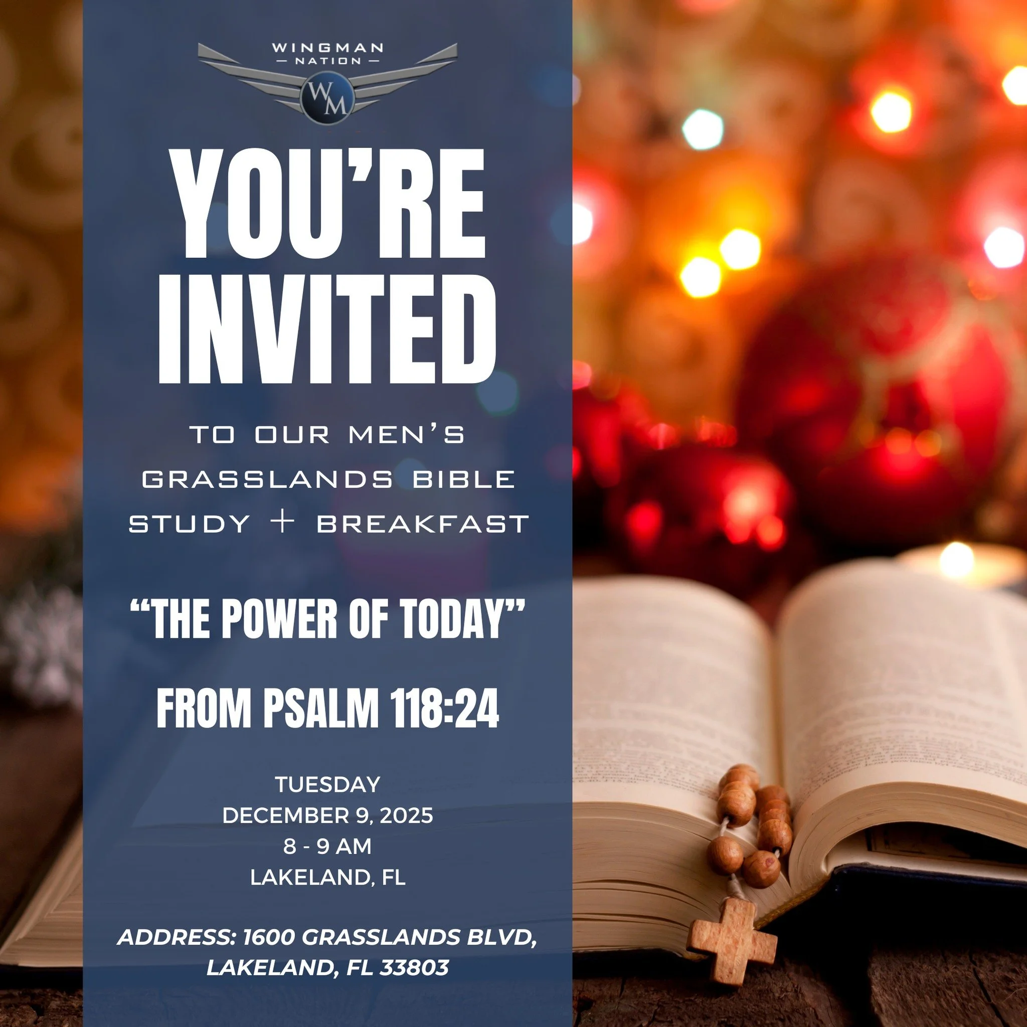 Join us for the upcoming men&rsquo;s Bible study at Grasslands Bible Study&mdash;Tuesday, December 9 at 8:00 AM at Grasslands Golf &amp; Country Club.

What you get when you show up:
🍳 FREE breakfast
🤝 Real connection with men of all ages
📖 Practi