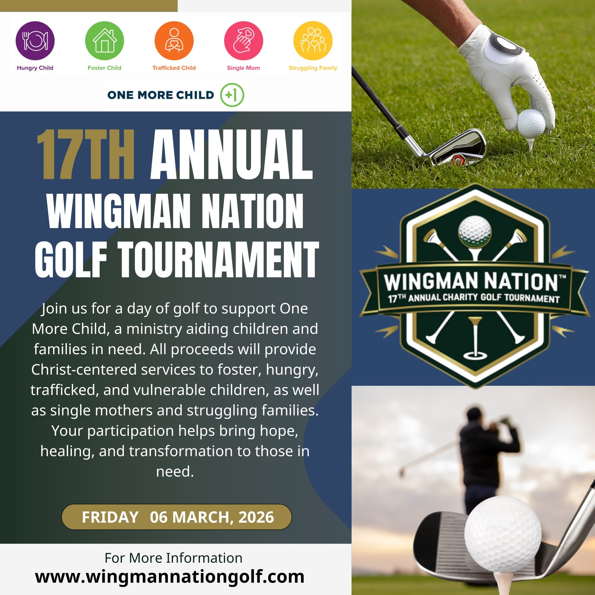 Golf with a purpose! ⛳️

 Join us for the 17th Annual Wingman Nation Charity Golf Tournament on Friday, March 6, 2026 at Cleveland Heights Golf Course, 2900 Buckingham Ave, Lakeland, FL.

This is more than a day on the green. It is a chance to make a