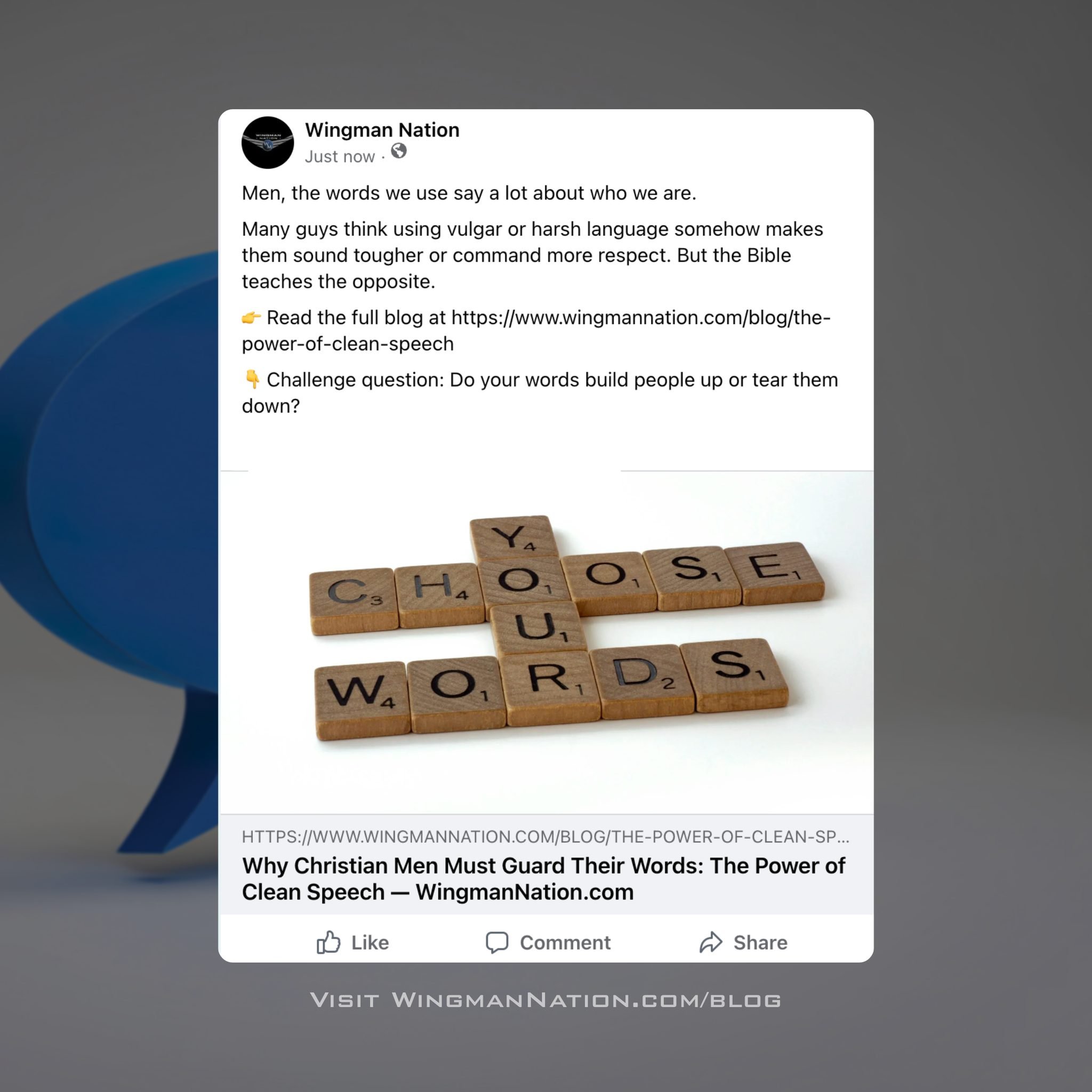 Strong men control their words.
Godly men use them to build others up.

New Wingman Nation blog 👉 wingmannation.com/blog

#WingmanNation #ChristianMen #FaithInAction #LeadWithIntegrity #BiblicalTruth