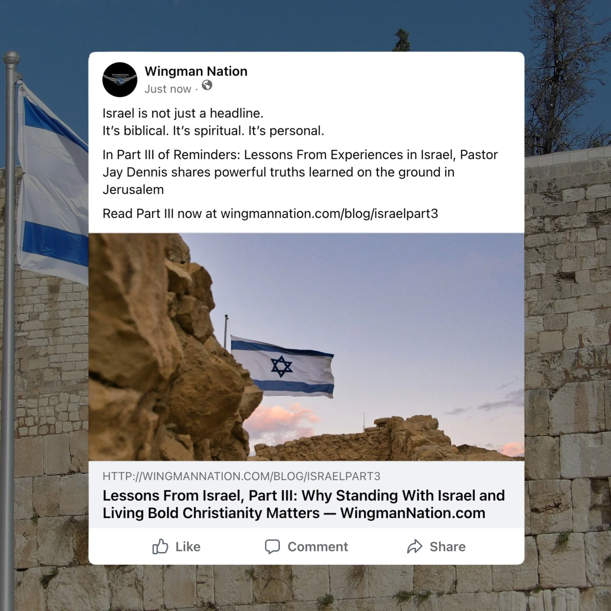In Part III of Reminders: Lessons From Experiences in Israel, Pastor Jay Dennis shares powerful truths learned on the ground in Jerusalem. 

#blogpost #israel #christianblog #wingmannation #pastorjaydennis