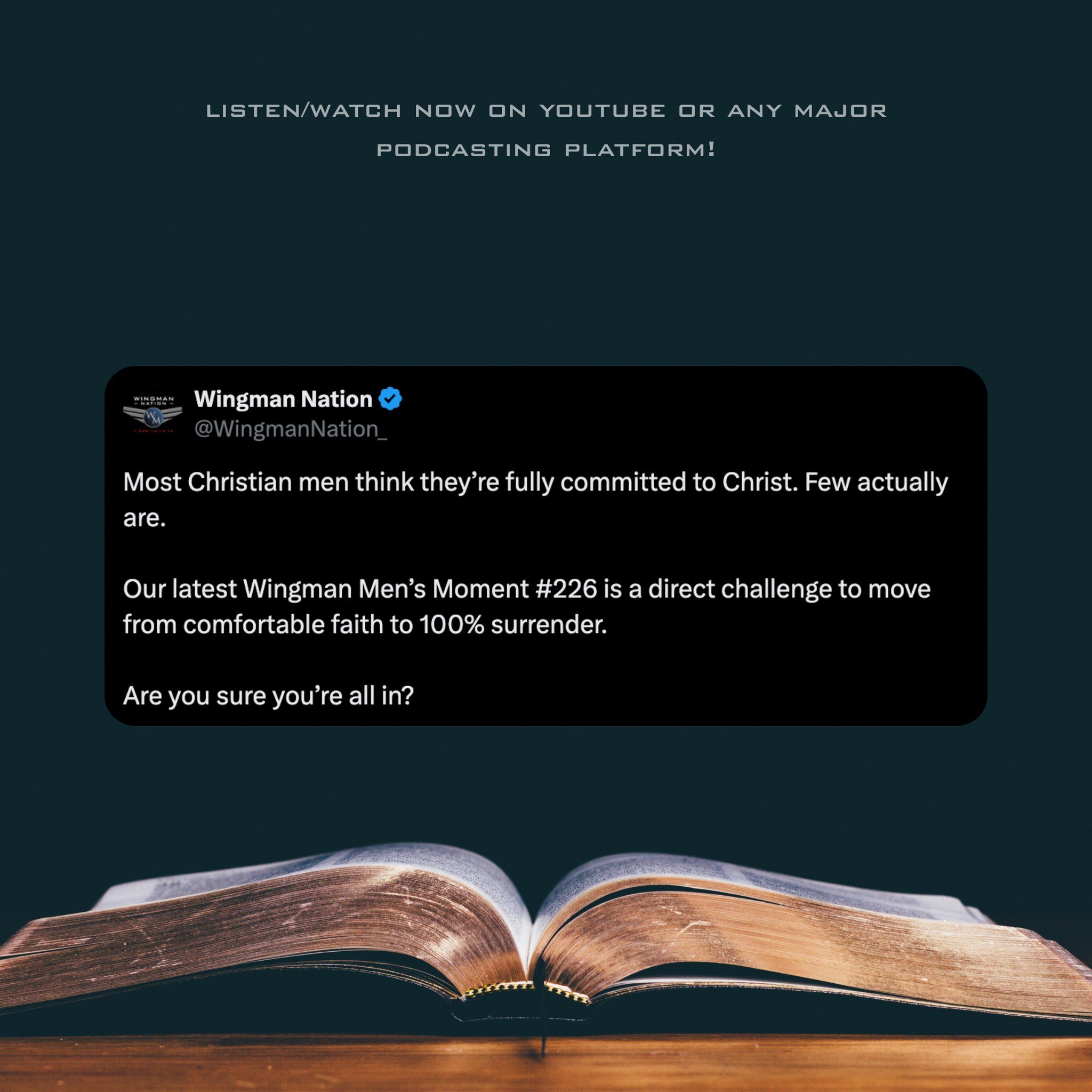 Are you truly all in for Christ?

In our latest episode we challenge men to move from comfortable faith to complete surrender. Don&rsquo;t miss this one. 

Listen or watch episode #226 out now on YouTube and all major podcast platforms! 

#ChristianM