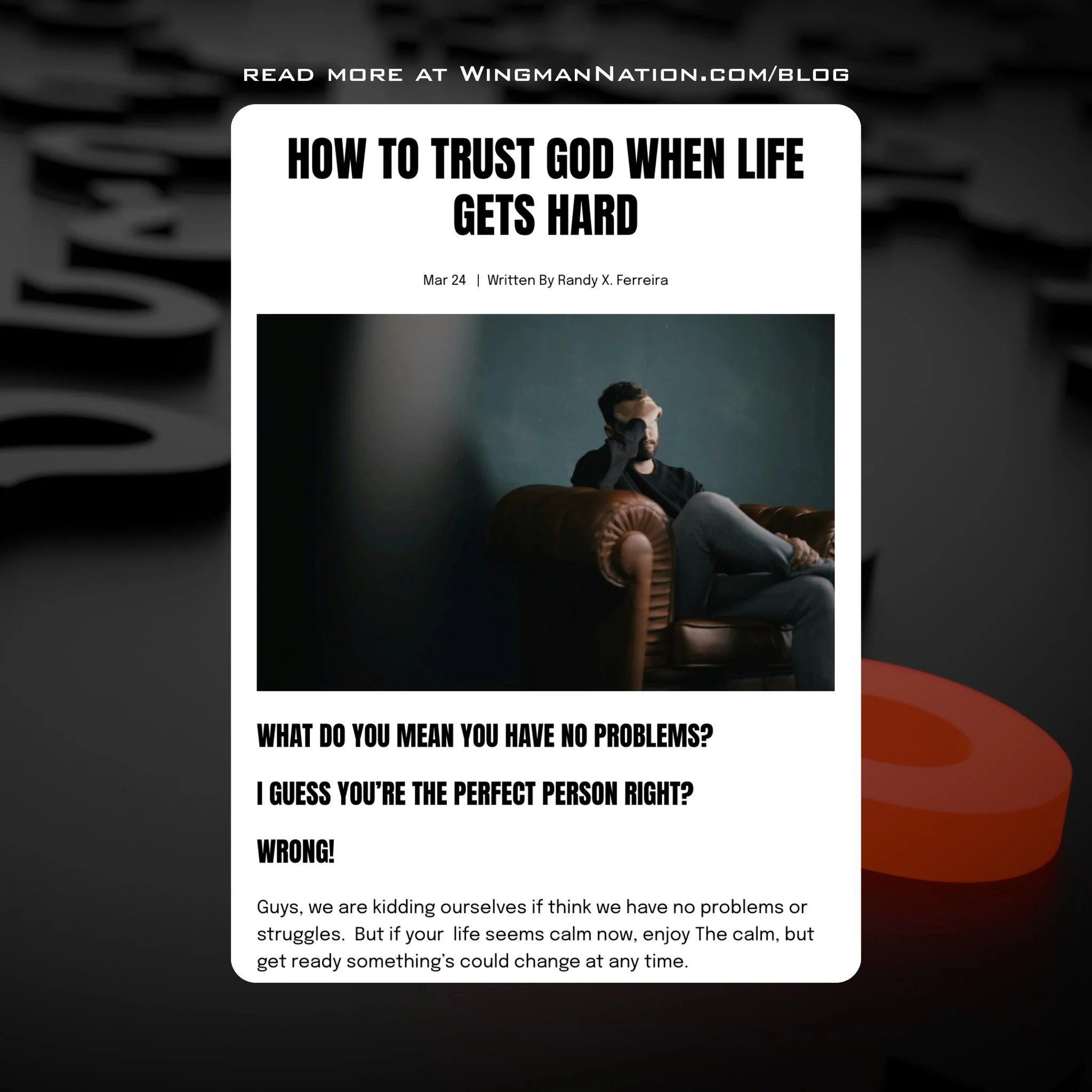 &ldquo;Wait&hellip; you don&rsquo;t have any problems?&rdquo;

Yeah&hellip; that&rsquo;s not real. The good news?

You were never meant to carry it all on your own.

Read the latest full blog at
👉 www.wingmannation.com/blog/how-to-trust-god-when-lif