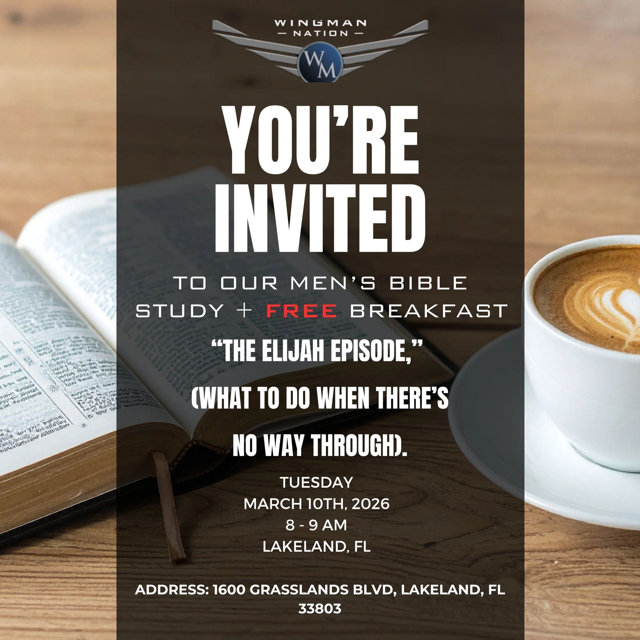 Men, join us Tuesday, March 10 at 8 AM for our March Wingman Nation Bible Study at the Main Dining Room at Grasslands Golf Club.

Enjoy a free breakfast, great fellowship, new friendships, plenty of laughter, and practical Bible teaching you can appl