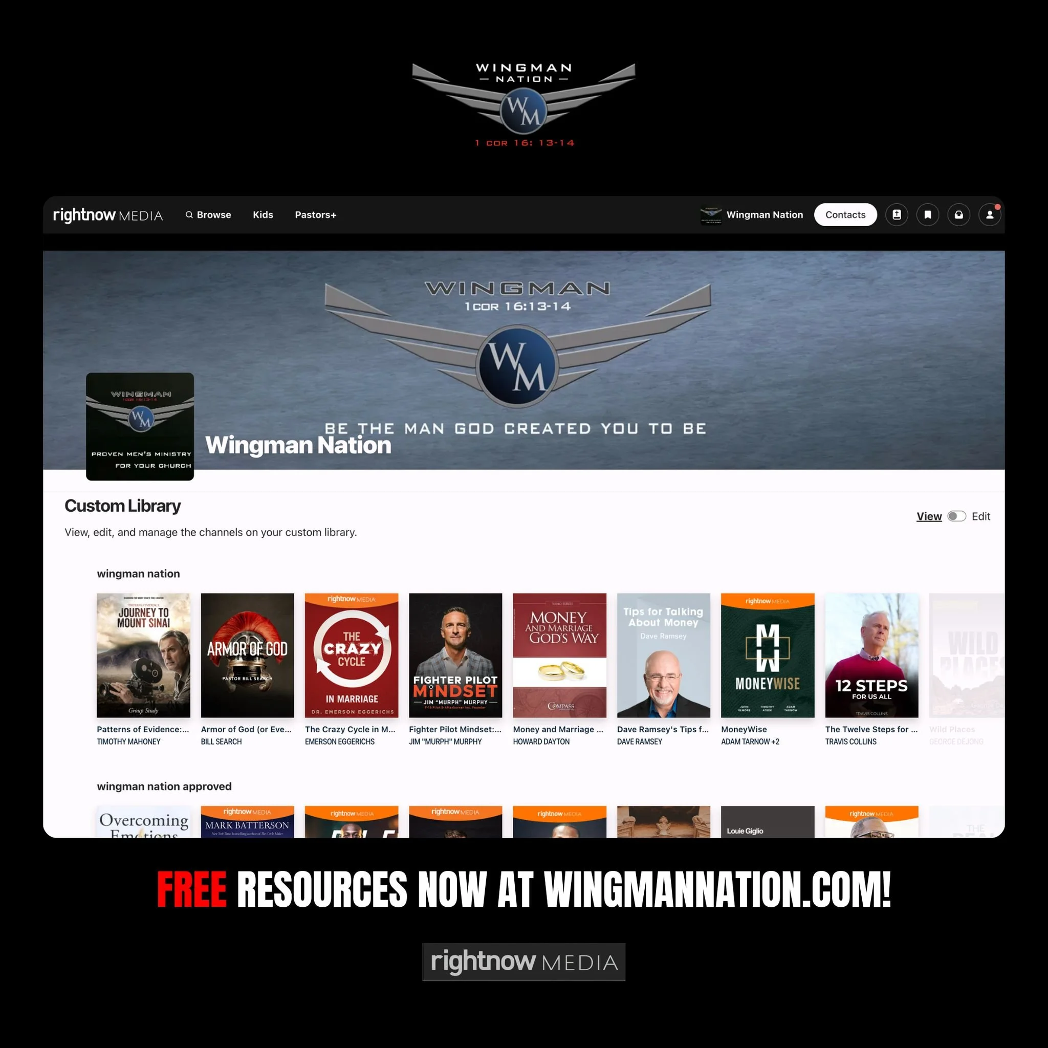 Looking for biblical resources to help you grow as a man of God? 

Wingman Nation offers FREE resources for men on our website&mdash;including access to our RightNow Media library filled with Wingman Nation-approved video series designed to strengthe