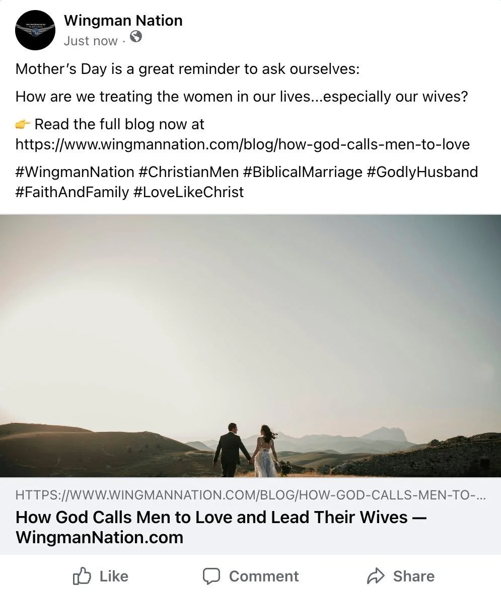 Strong men lead with love.

Godly men honor women.

👉 Read the full blog now at www.wingmannation.com/blog/how-god-calls-men-to-love

#WingmanNation #ChristianMen #BiblicalMarriage #GodlyHusband #FaithAndFamily #LoveLikeChrist