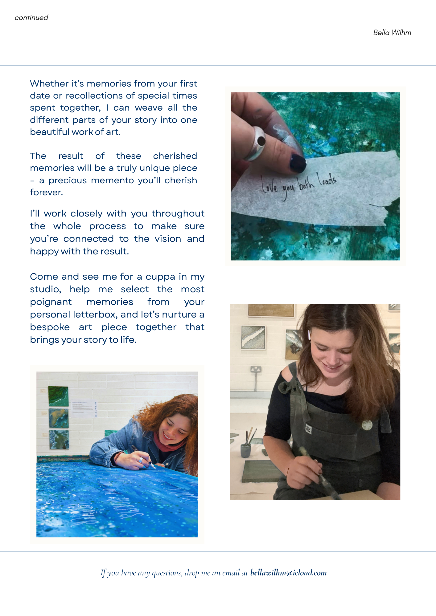 Images of a woman creating bespoke art in a studio, including a close-up of a hand writing on a piece of paper, the artist working on a blue painted canvas, and the artist smiling while painting.