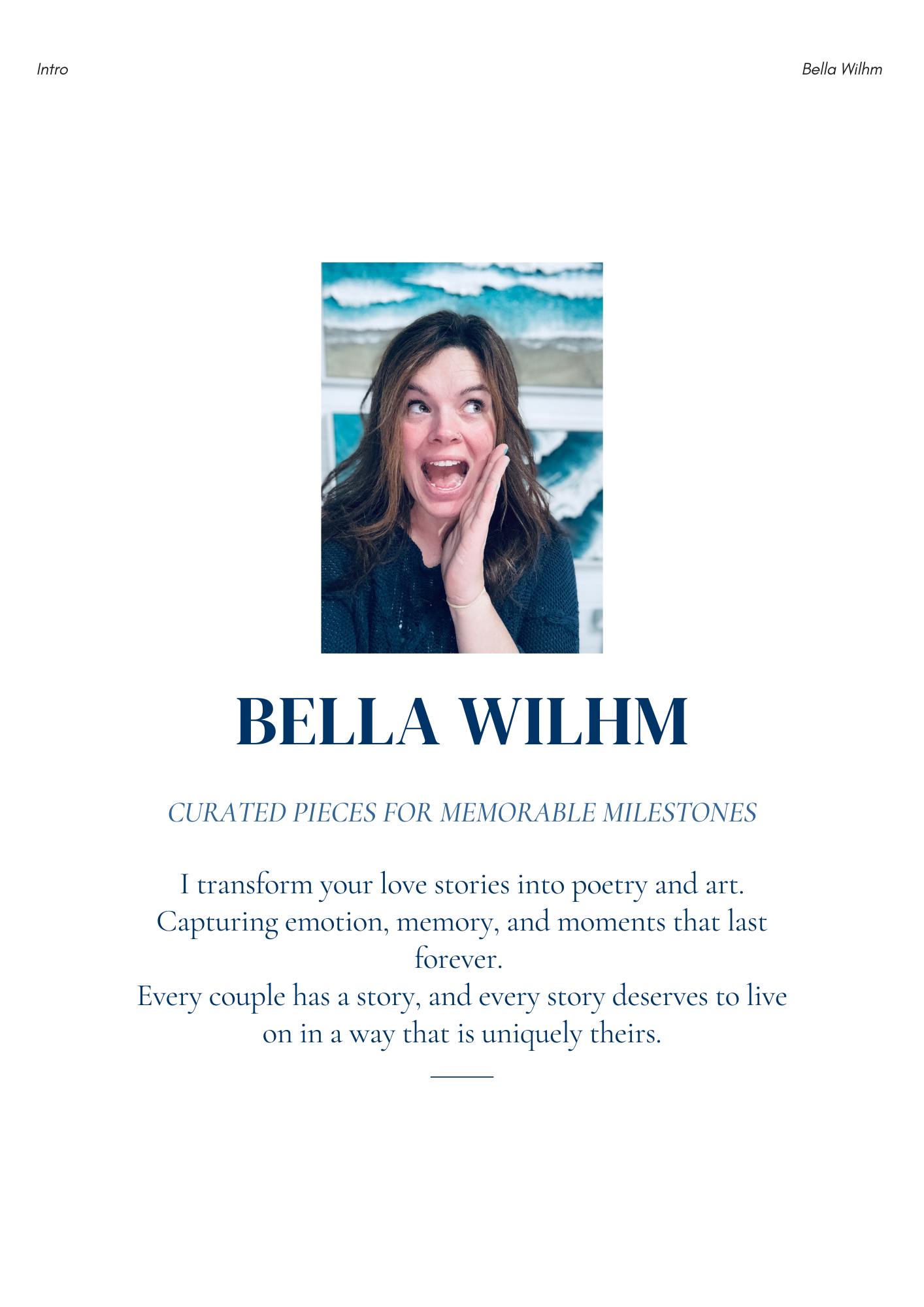 Book cover featuring a woman with brown hair making an excited face, short sleeve dark shirt, with paintings of ocean waves in the background, titled 'Bella Wilhm' and subtitle 'Curated Pieces for Memorable Milestones'.