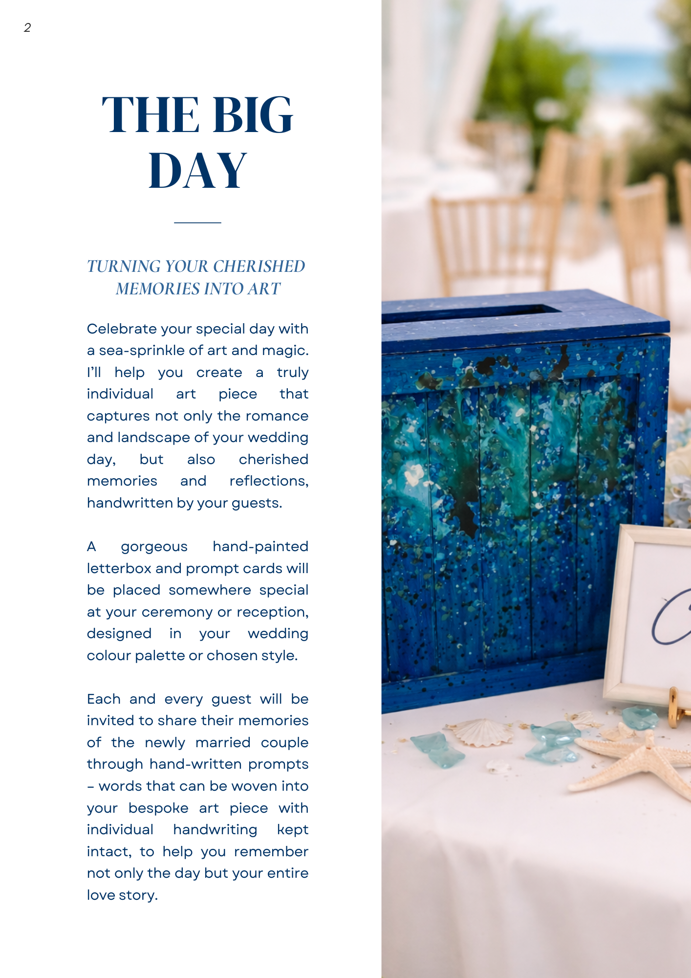 Beautifully decorated table with a blue painted letterbox, seashells, starfish, and acrylic sea glass, for a wedding or special celebration.