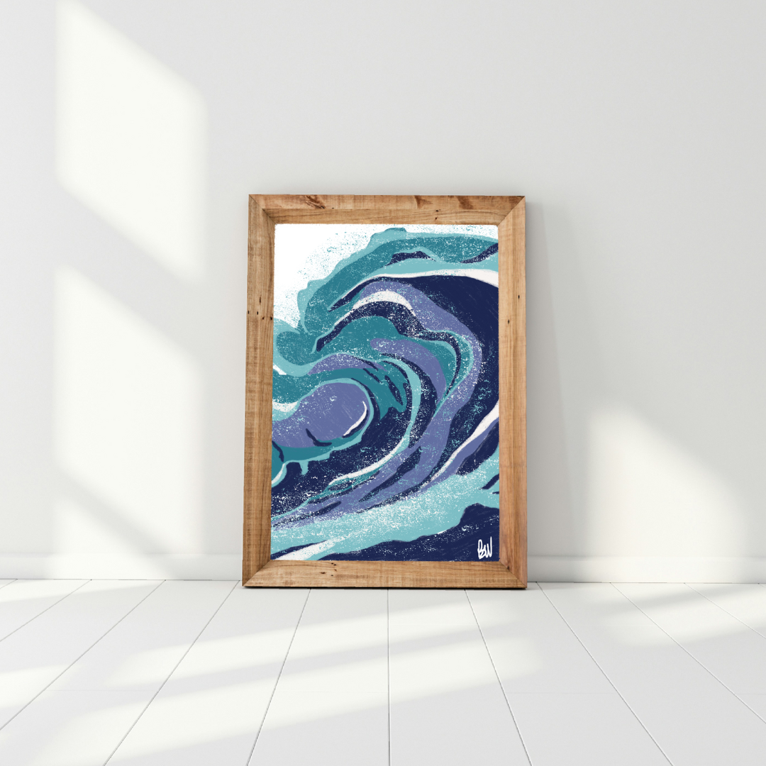 Framed abstract artwork of ocean waves in blue, teal, and white, leaning against a white wall with sunlight shadows.