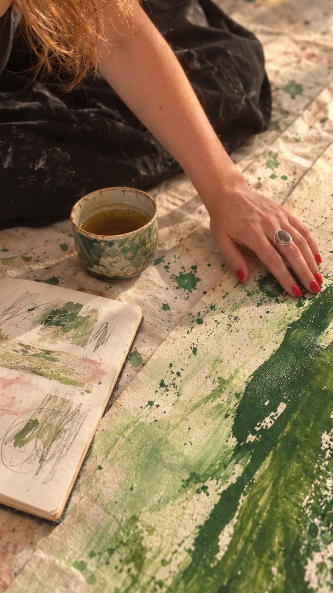 A person with red nails and a ring on their finger is painting on a canvas with green and white paint splatters. A sketchbook with drawings and color studies is nearby and a mug of tea is on the table.
