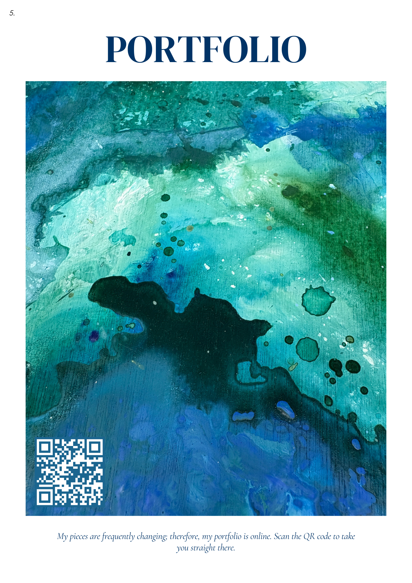 Front cover of an art portfolio with a watercolor painting in blue, green, and teal tones, a QR code at the bottom left, and a note about the portfolio being online.