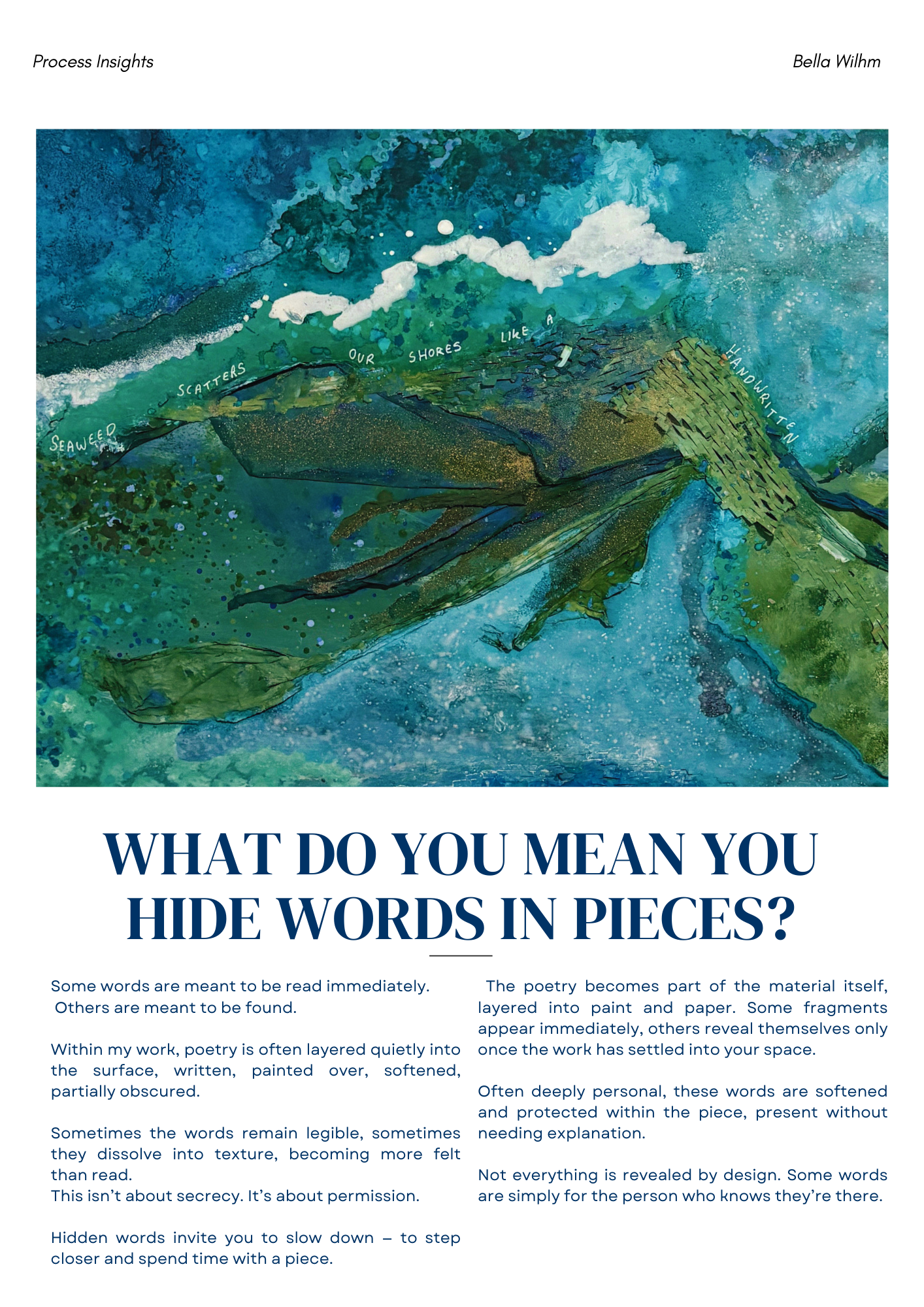 Abstract painting of a ocean landscape in shades of blue, green, and white with superimposed handwritten text that reads, "Seaweed scatters our shores like a handwritten".