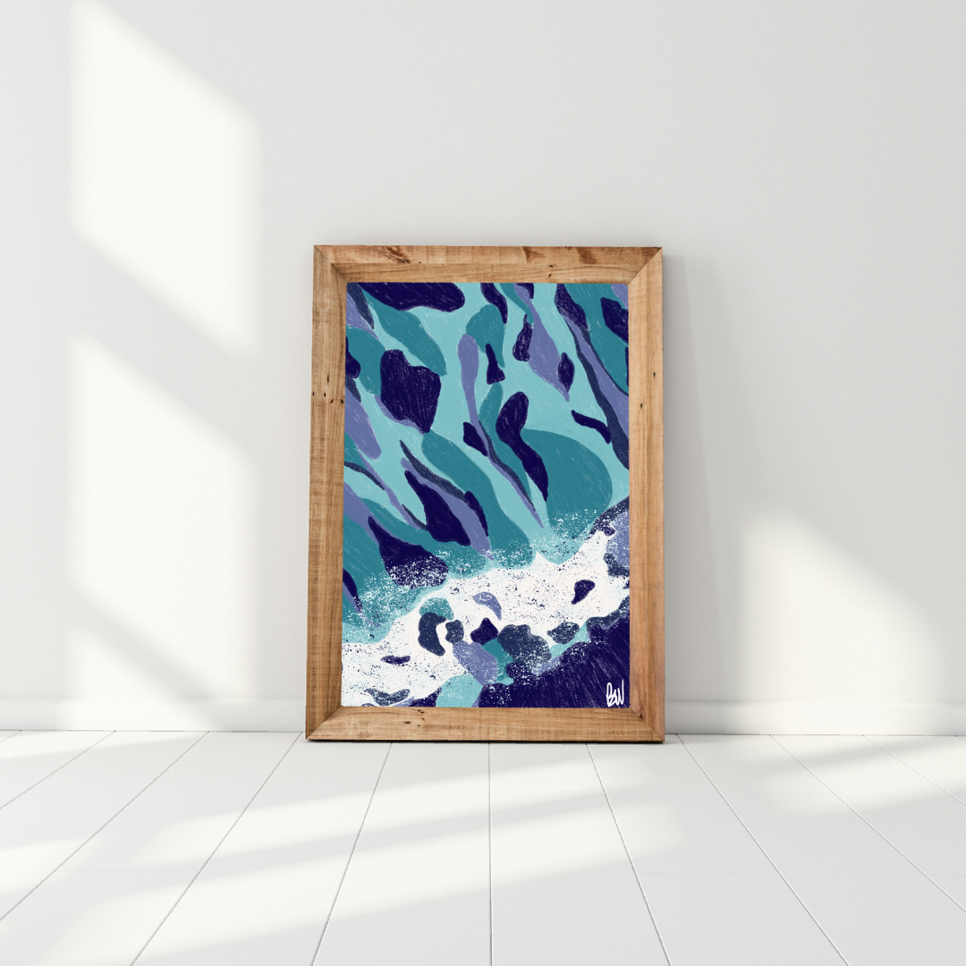 Abstract painting of swirling water and rocks in shades of blue, teal, and white, framed in wood, leaning against a white wall with sunlight shadows.