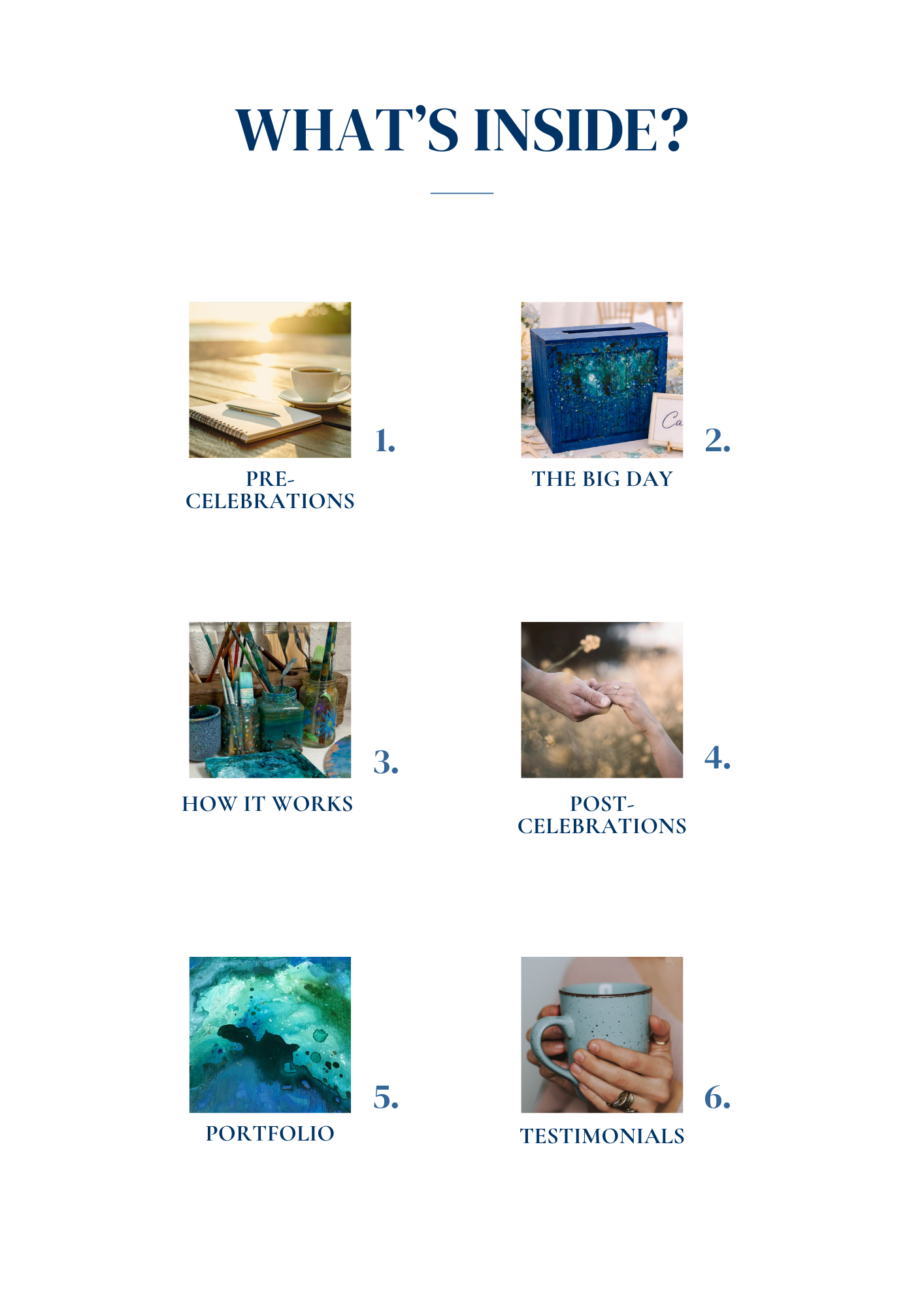 An informational flyer titled 'What's Inside?' featuring six sections with images and labels: 1. Pre-Celebrations with a notebook, pen, and coffee cup; 2. The Big Day with a blue box; 3. How It Works with art supplies and paint; 4. Post-Celebrations with two hands exchanging a flower; 5. Portfolio with abstract art; 6. Testimonials with a hand holding a mug.