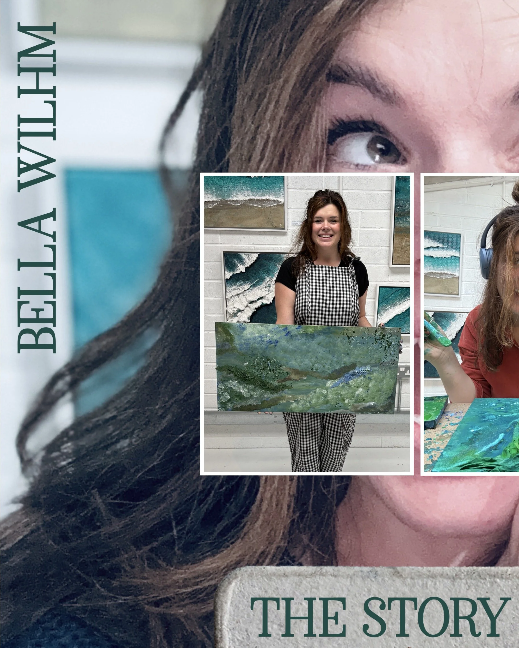A collage featuring a woman with long brown hair holding a landscape painting of green trees and water, standing in front of framed ocean-themed artwork, with a close-up of her face and part of another woman's artwork, and a partial image of her face