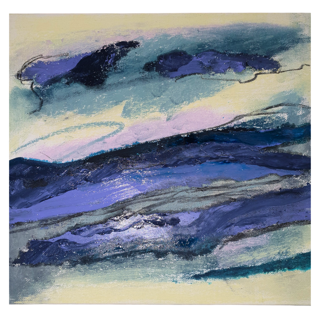 Abstract painting of ocean waves with shades of blue, purple, and hints of yellow that give a stormy impression.