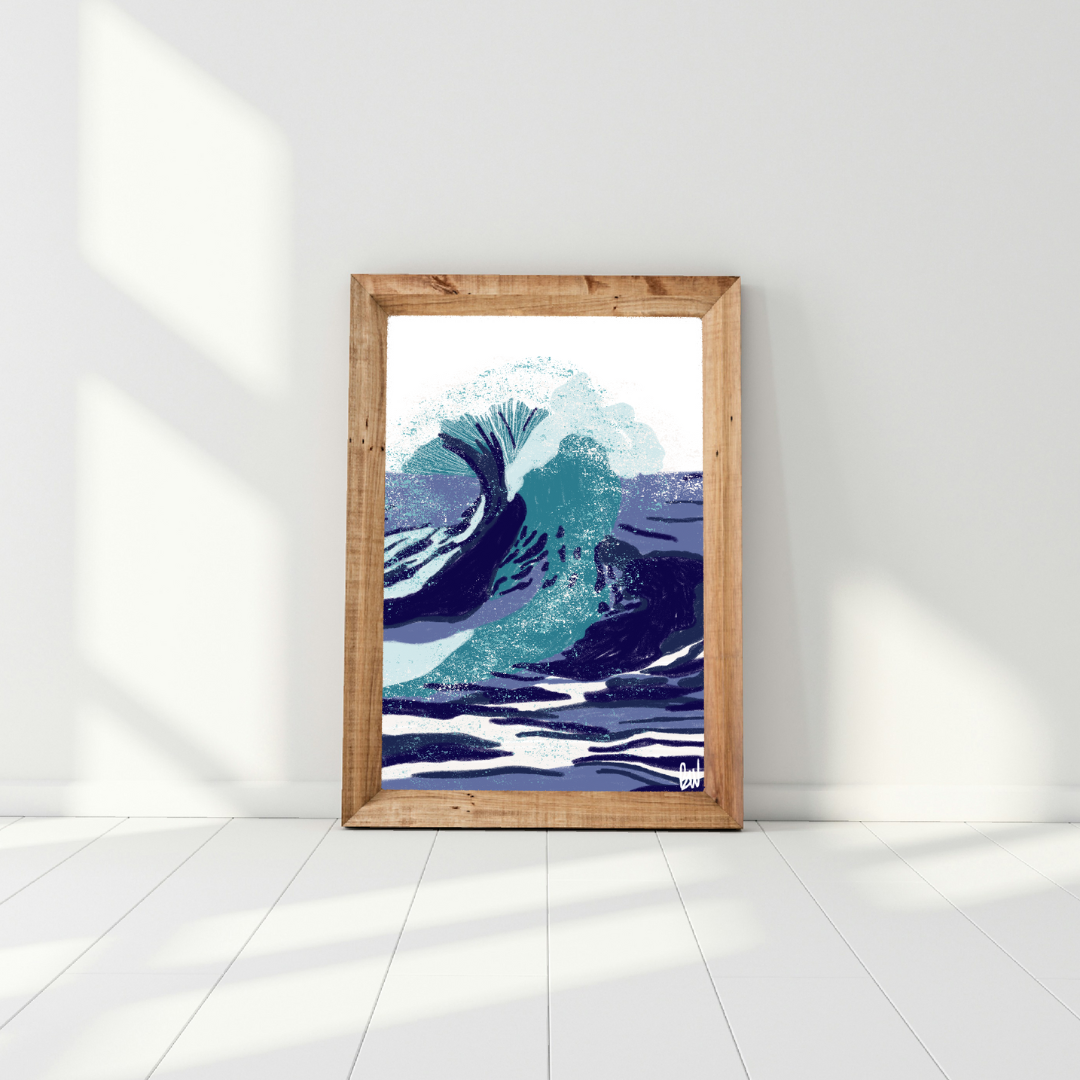 Illustration of a large ocean wave with shades of blue, purple, and white, framed in a wooden frame, leaning against a white wall.