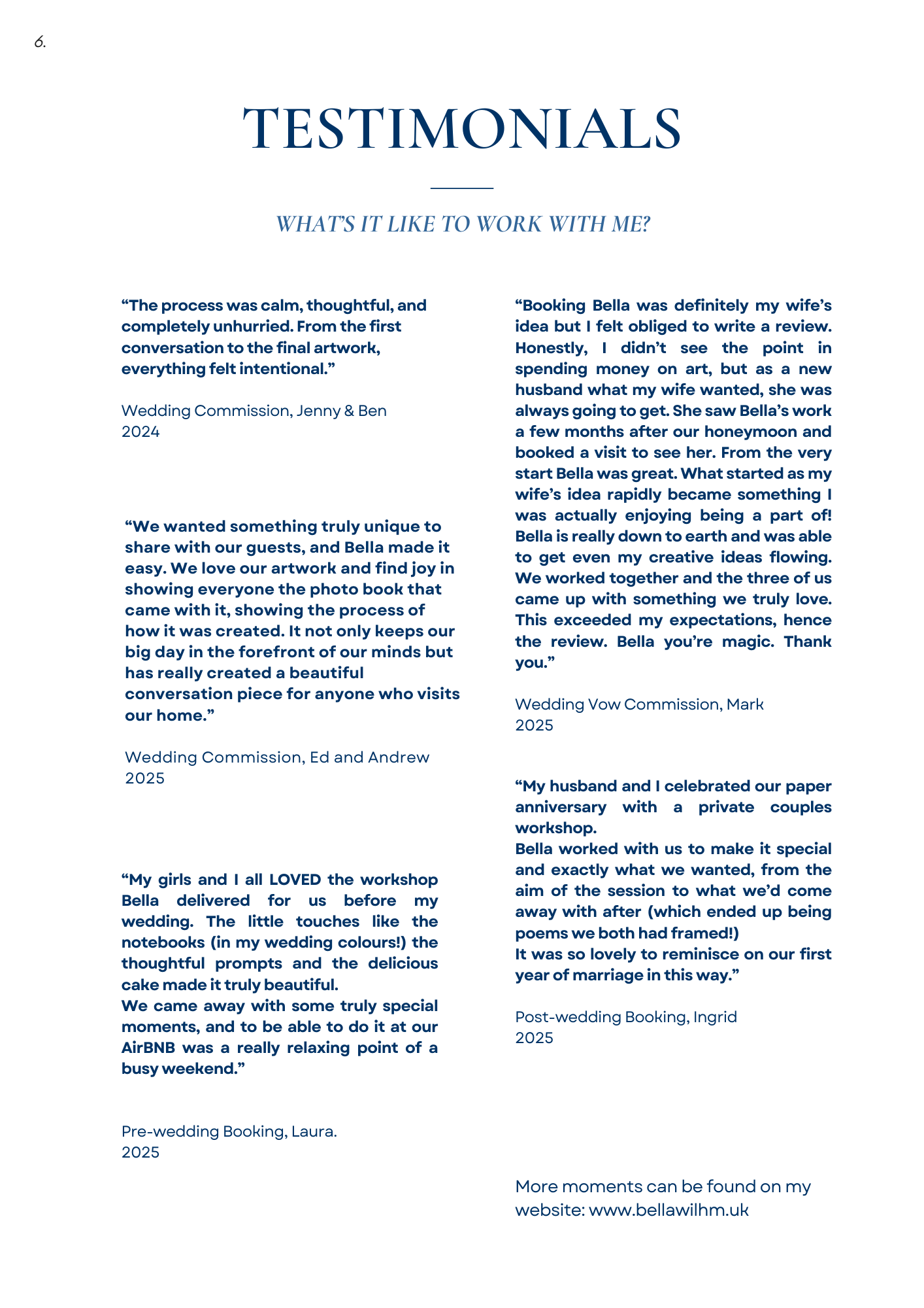 Testimonial webpage with quotes from clients about wedding services, including wedding commissions, pre- and post-wedding bookings, and a private couples workshop, along with a website link at the bottom.