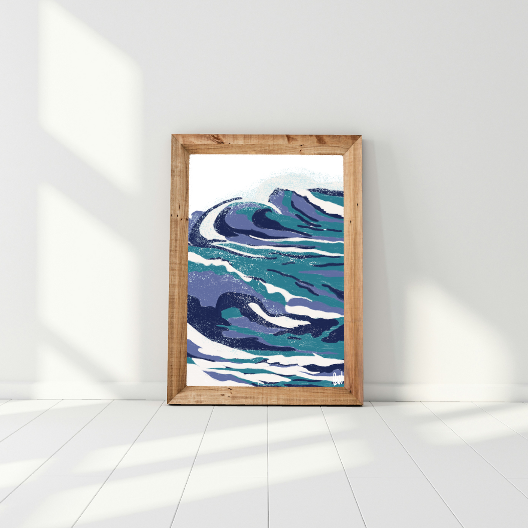 Digital painting of ocean waves in shades of blue and turquoise, framed in wood, leaning on a white wall
