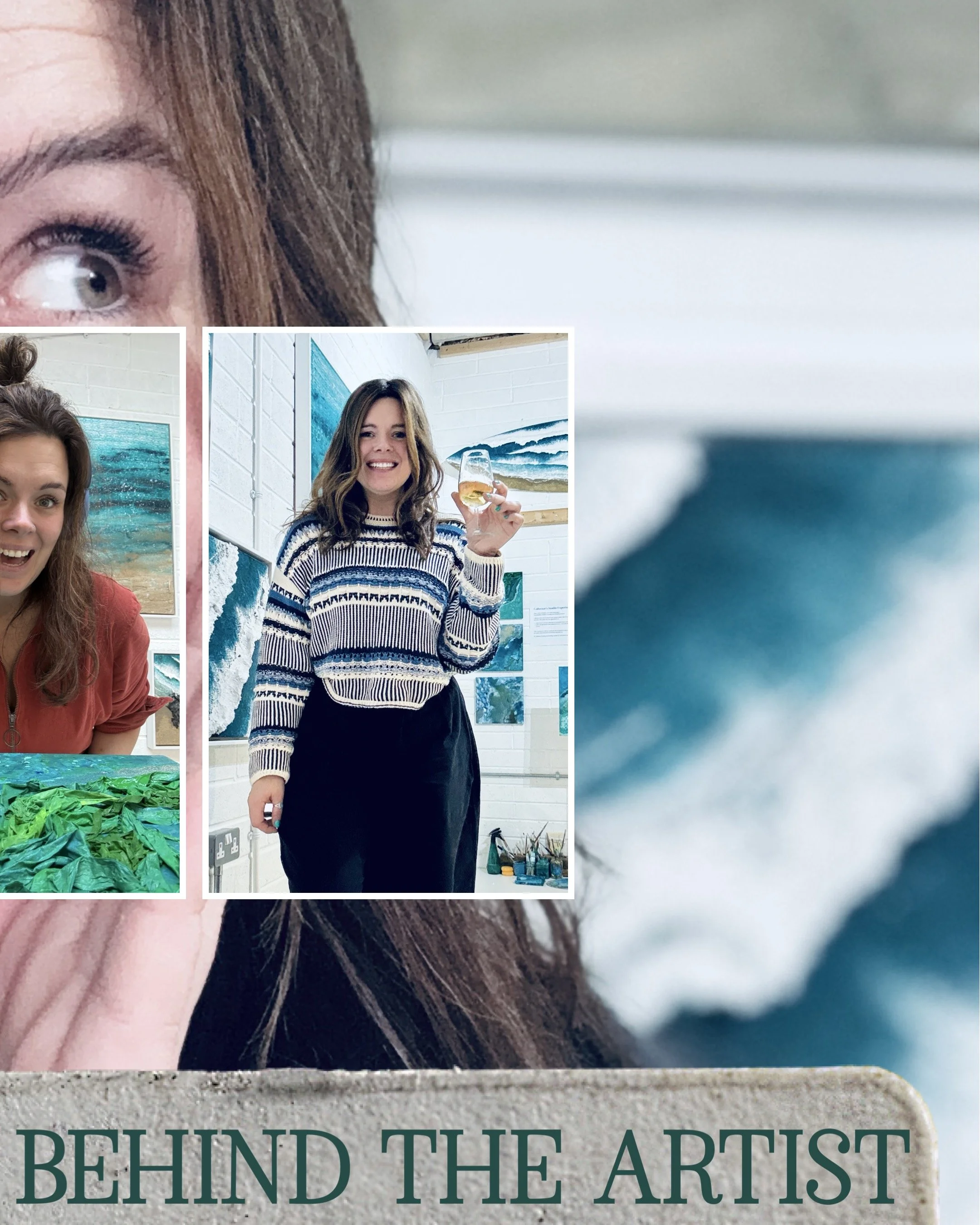 A collage of photographs featuring a woman at an art gallery. The central image shows her smiling and holding a glass of wine. Additional images highlight her in different poses and expressions, with artworks displayed on the gallery walls behind her