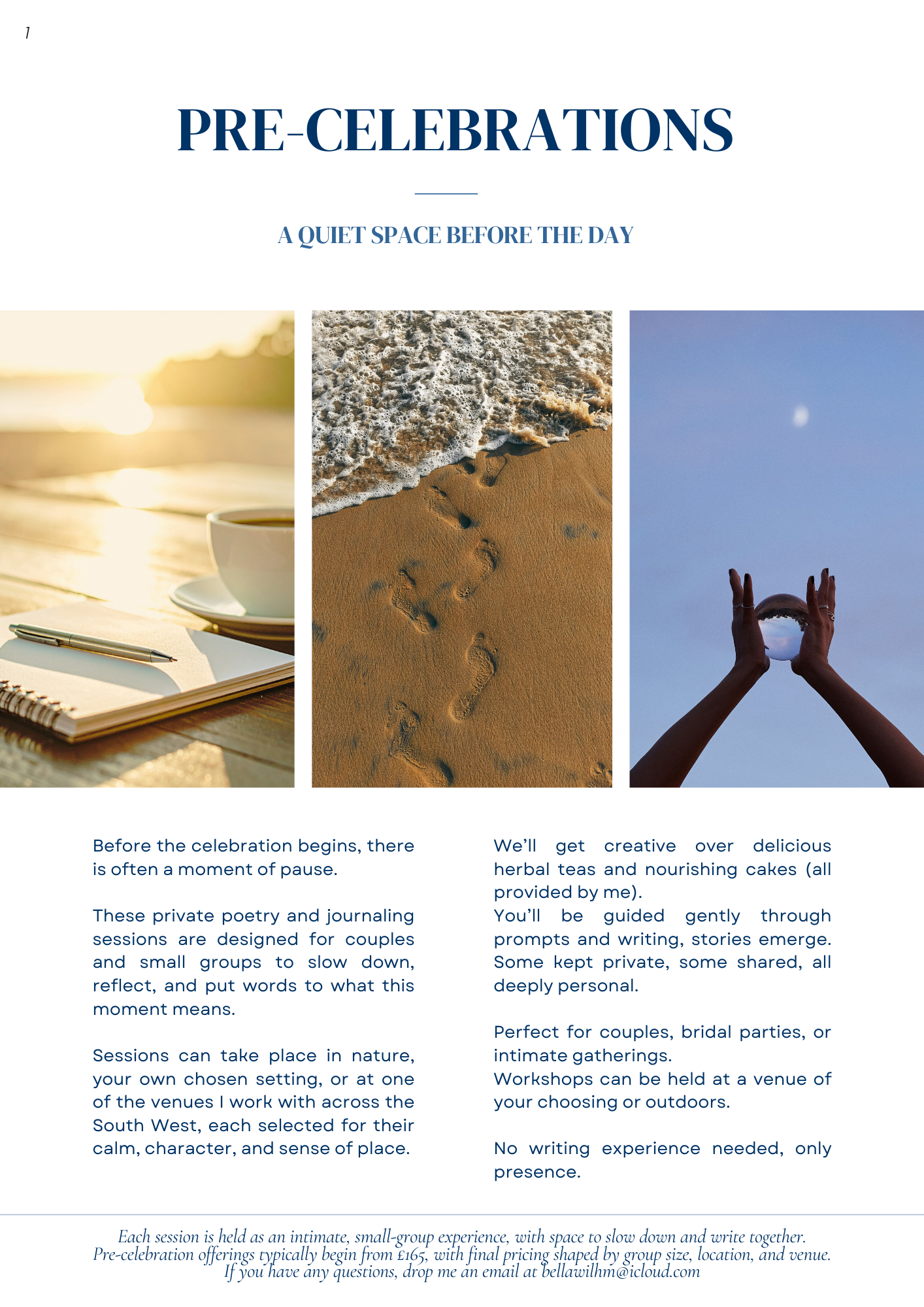 Promotional flyer for pre-celebration events with images of a notebook and pen on a beach, footprints in the sand, and hands holding a crystal ball against a sky with a crescent moon.