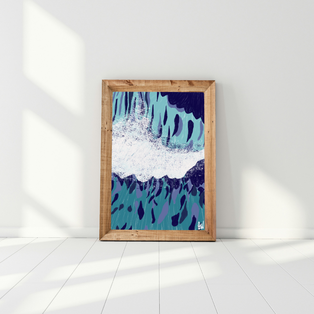 Abstract artwork in a wooden frame leaning against a white wall, featuring blue and purple tones with a white central splash
