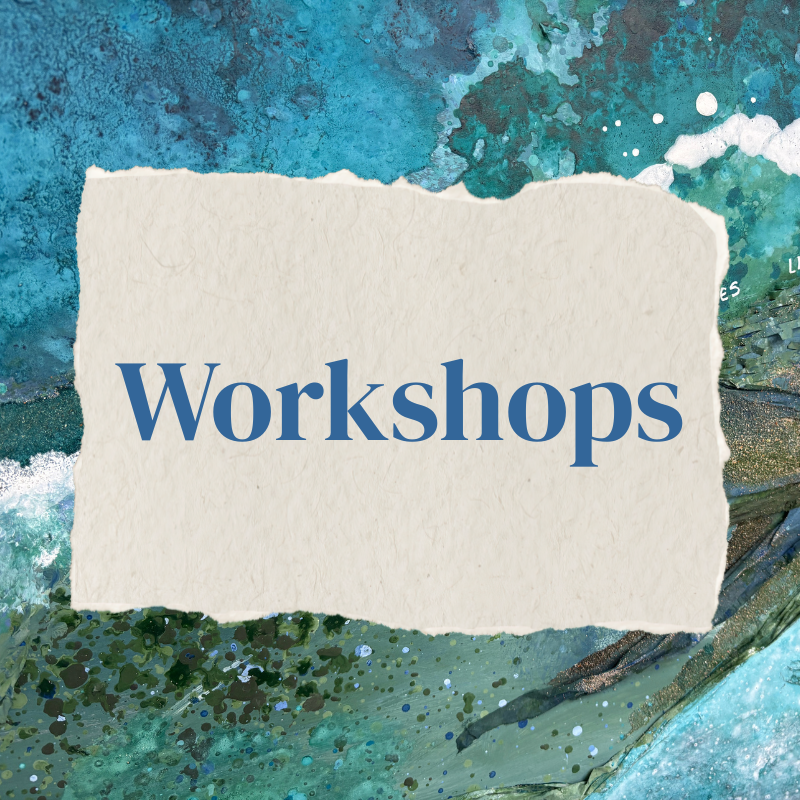 A textured background with various shades of blue and green paint splatters, with a torn piece of paper in the center displaying the word 'Workshops' in bold blue text.