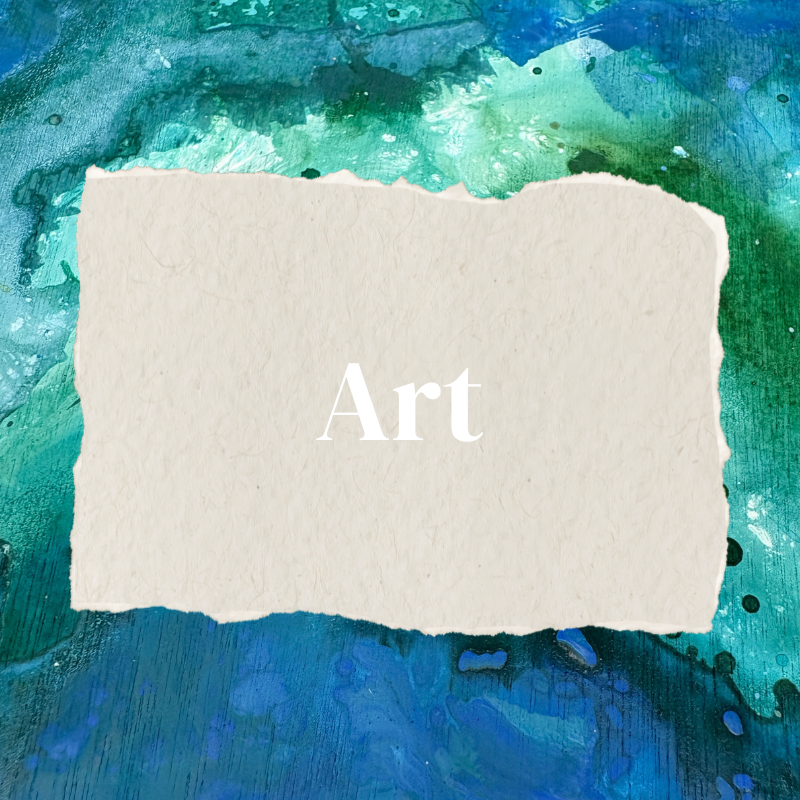 A piece of torn paper with the word 'Art' written on it, placed against a colorful abstract watercolor background with shades of blue and green.