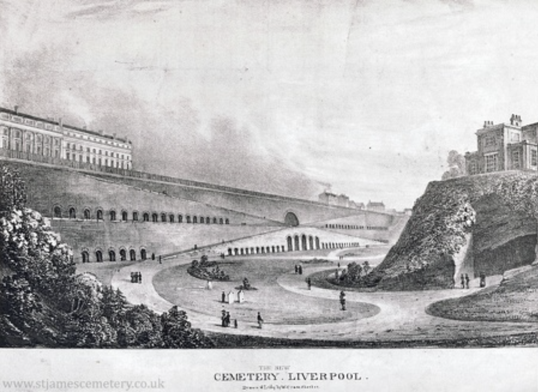 St James' Cemetery, c.1830
This lithograph by W. C. Crane shows the cemetery around 1830. The minister's house is shown on the mount at the right of the picture, with the houses on Hope Street (Gambier Terrace) on the left. The centre of the image is
